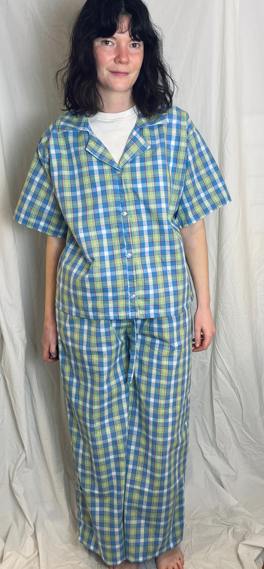 Handmade Blue Checked Short Sleeve Shirt and Drawstring Straight Leg Trousers Co-ord Set - Size 12
