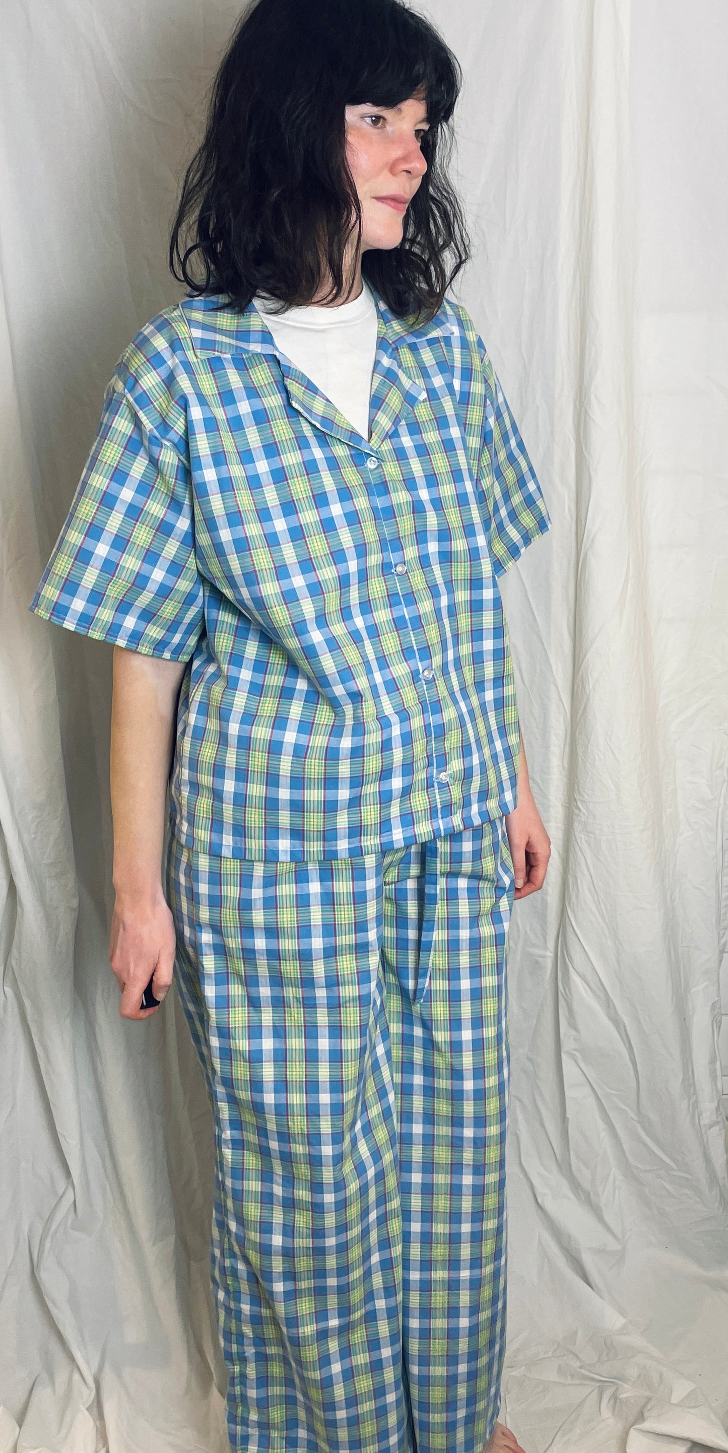 Handmade Blue Checked Short Sleeve Shirt and Drawstring Straight Leg Trousers Co-ord Set - Size 12