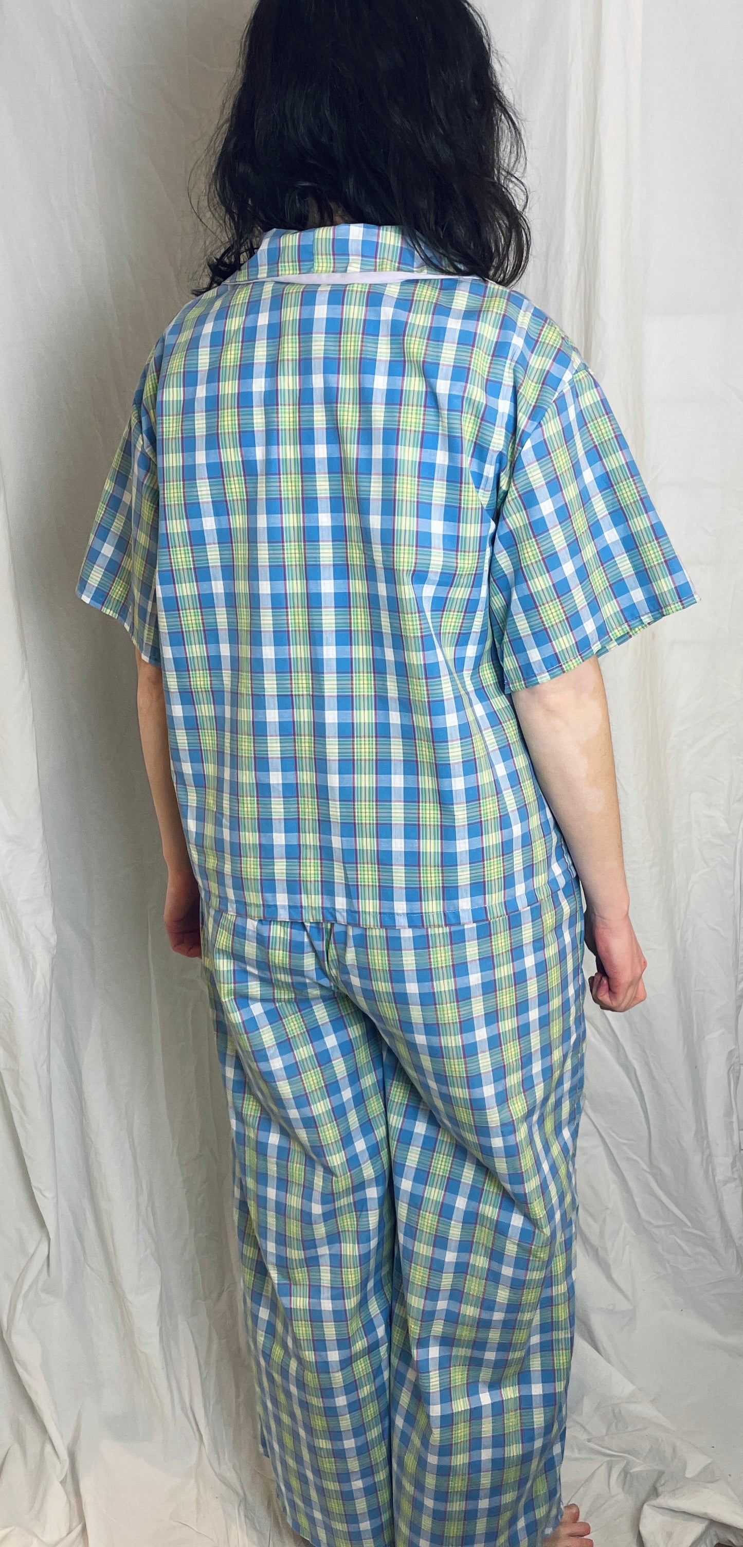 Handmade Blue Checked Short Sleeve Shirt and Drawstring Straight Leg Trousers Co-ord Set - Size 12