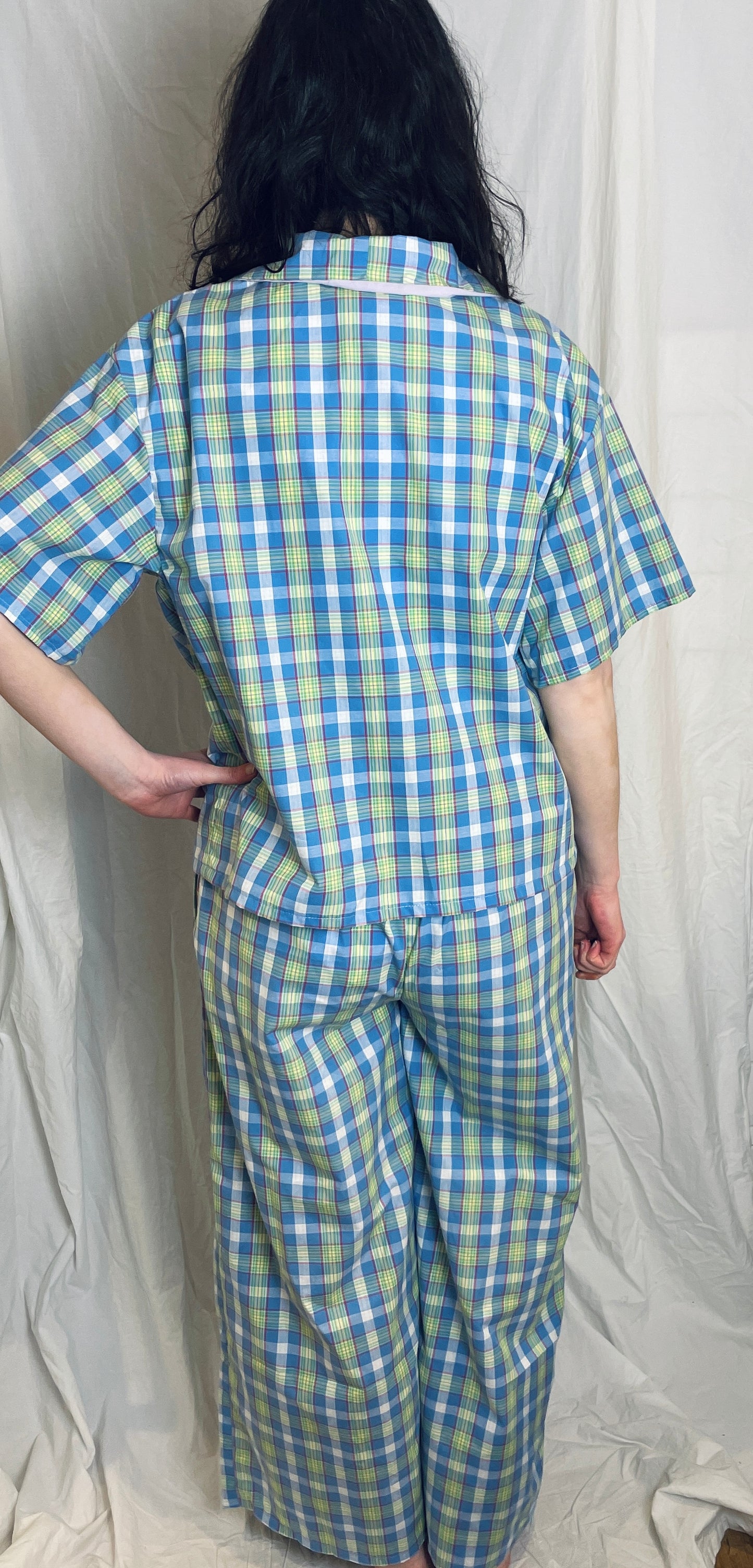 Handmade Blue Checked Short Sleeve Shirt and Drawstring Straight Leg Trousers Co-ord Set - Size 12