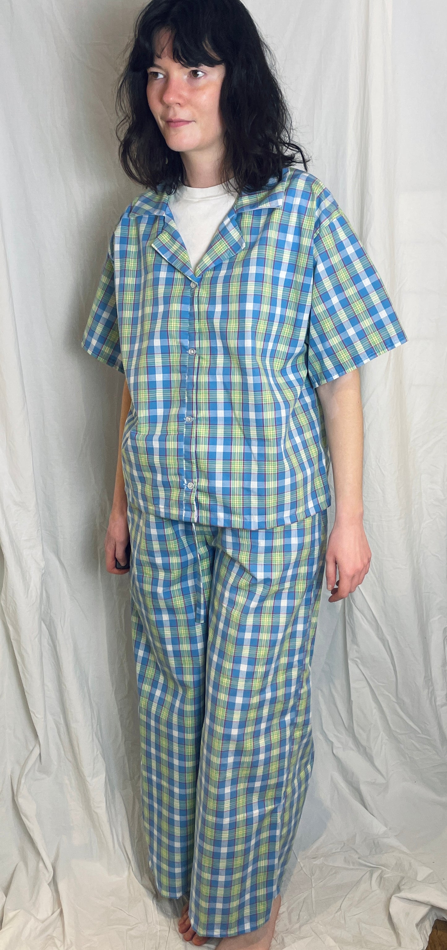 Handmade Blue Checked Short Sleeve Shirt and Drawstring Straight Leg Trousers Co-ord Set - Size 12