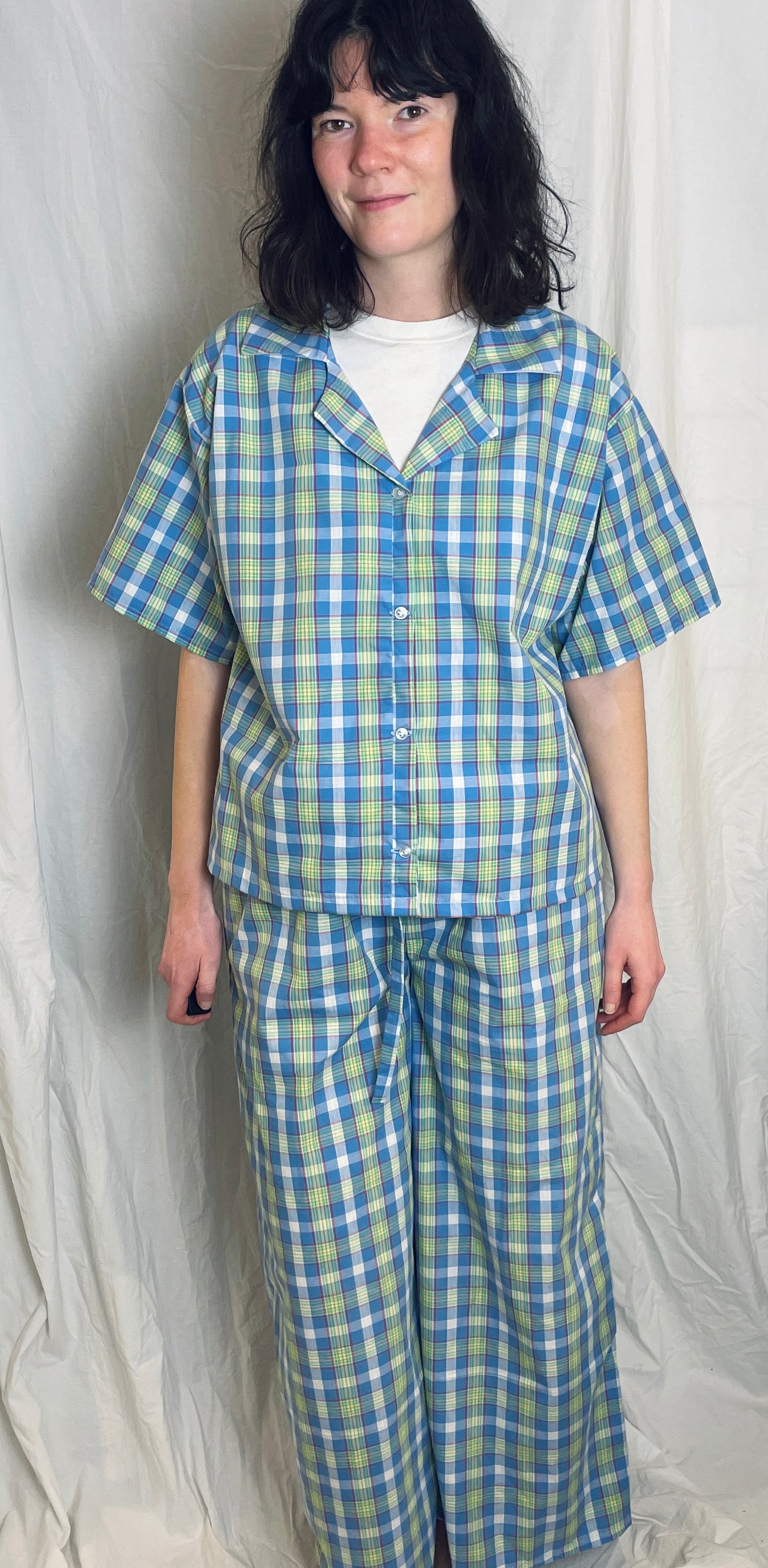 Handmade Blue Checked Short Sleeve Shirt and Drawstring Straight Leg Trousers Co-ord Set - Size 12