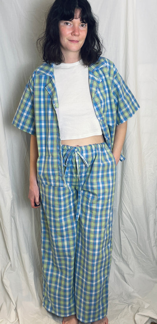 Handmade Blue Checked Short Sleeve Shirt and Drawstring Straight Leg Trousers Co-ord Set - Size 12