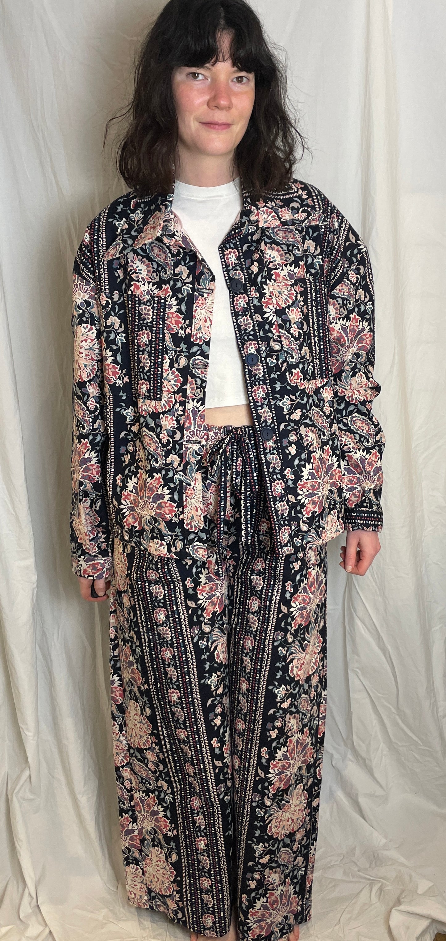Handmade Navy and Pink Floral Shirt Jacket and Drawstring Trousers Co-ord Set - Size 14