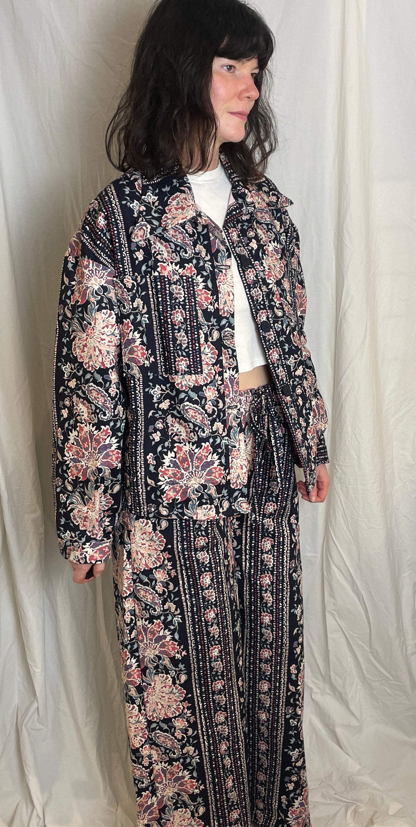 Handmade Navy and Pink Floral Shirt Jacket and Drawstring Trousers Co-ord Set - Size 14