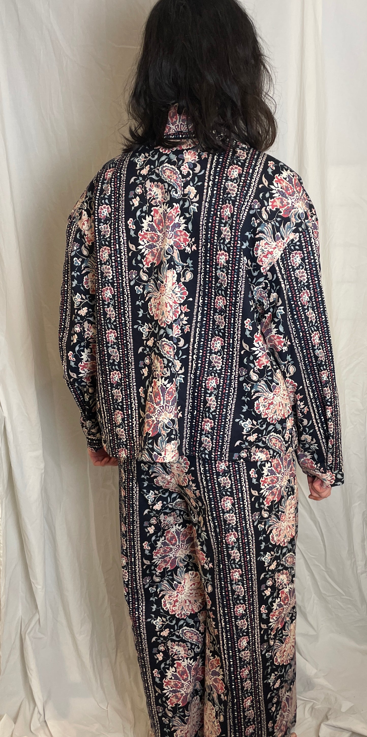 Handmade Navy and Pink Floral Shirt Jacket and Drawstring Trousers Co-ord Set - Size 14