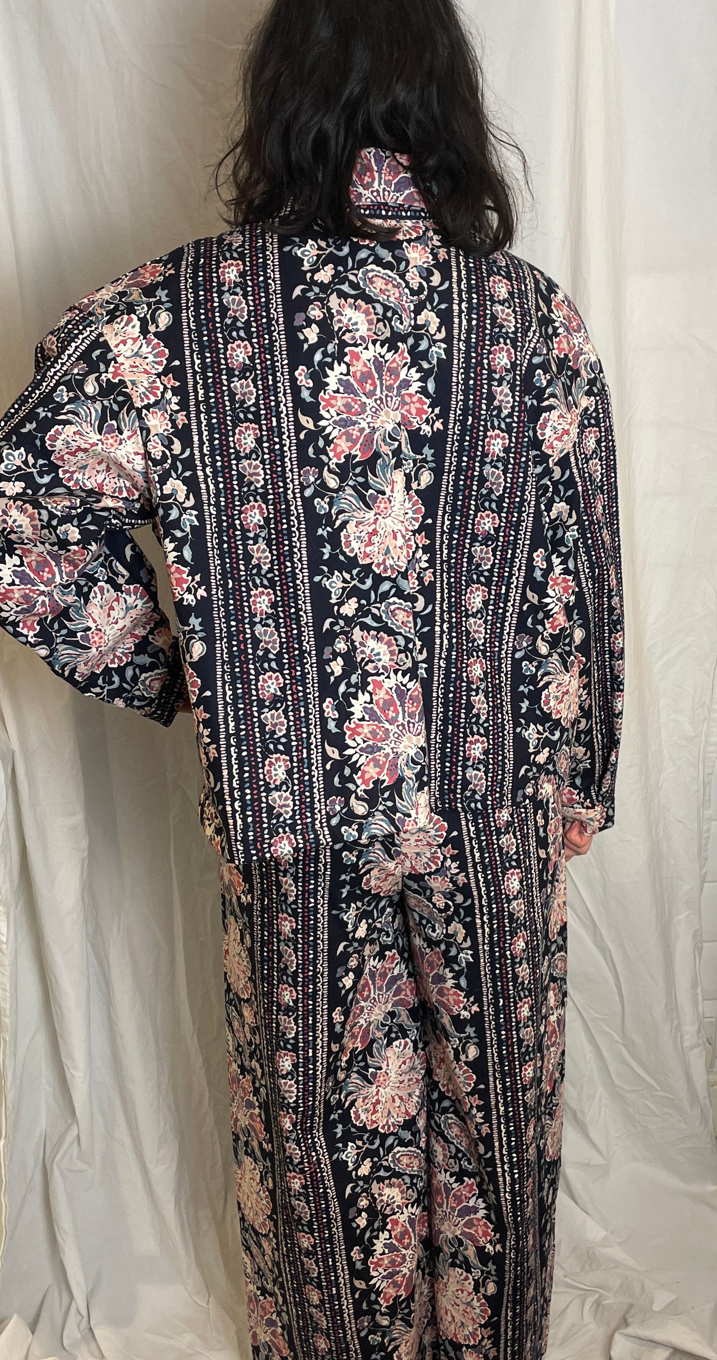 Handmade Navy and Pink Floral Shirt Jacket and Drawstring Trousers Co-ord Set - Size 14