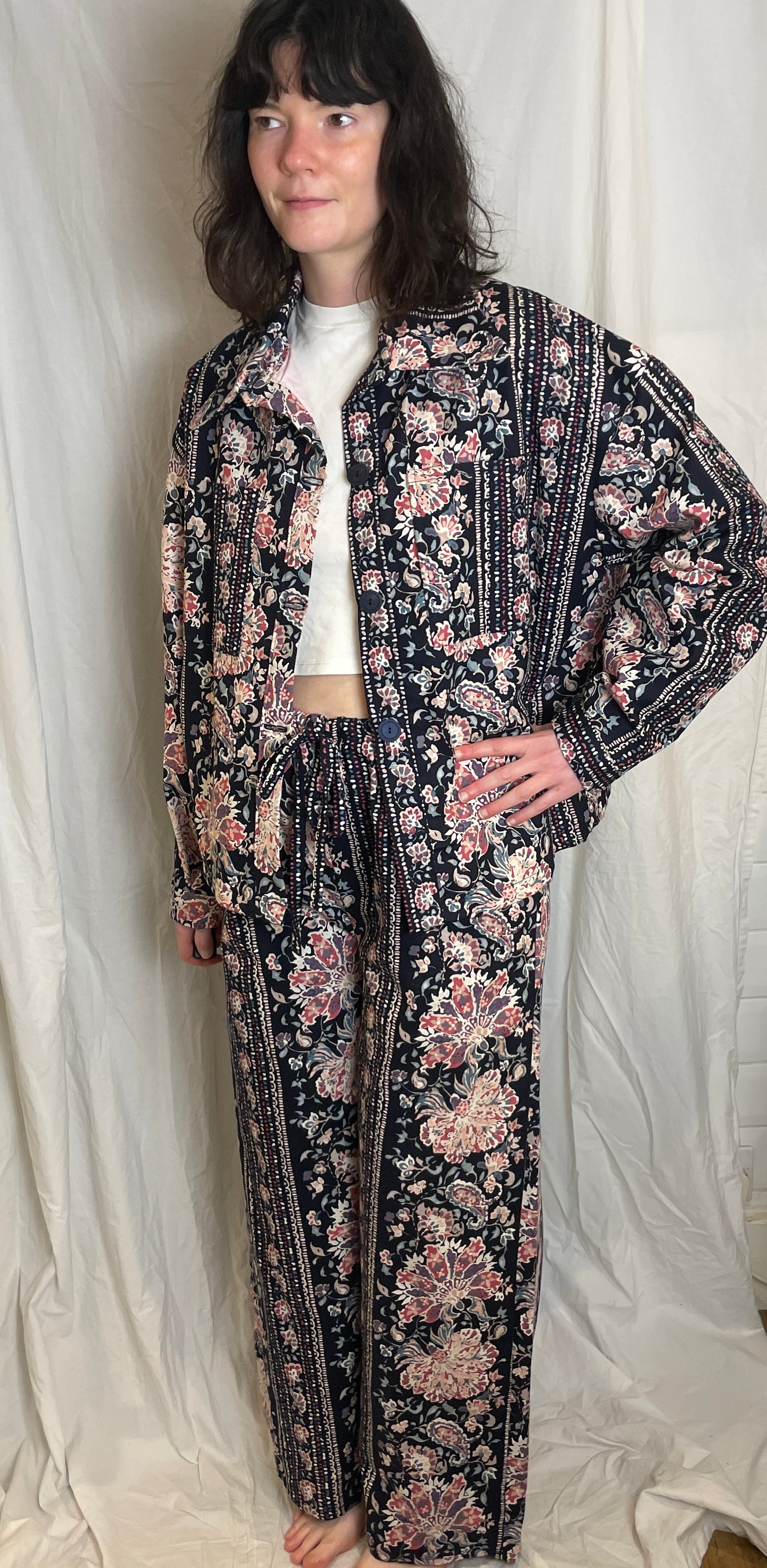 Handmade Navy and Pink Floral Shirt Jacket and Drawstring Trousers Co-ord Set - Size 14