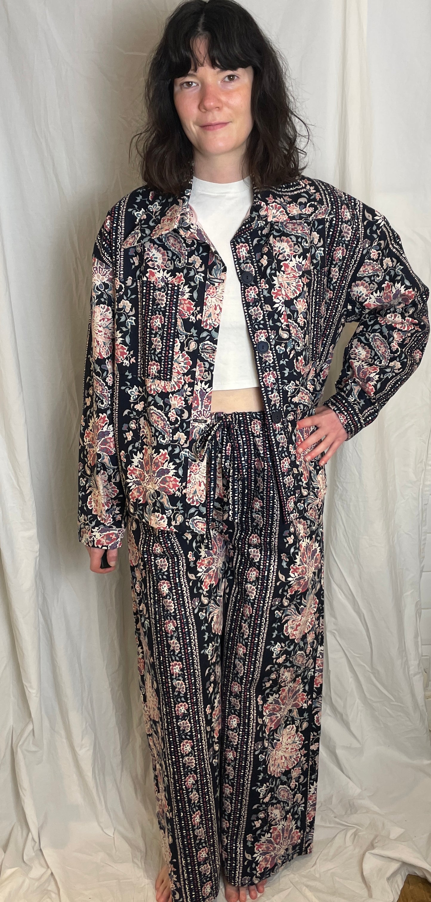 Handmade Navy and Pink Floral Shirt Jacket and Drawstring Trousers Co-ord Set - Size 14