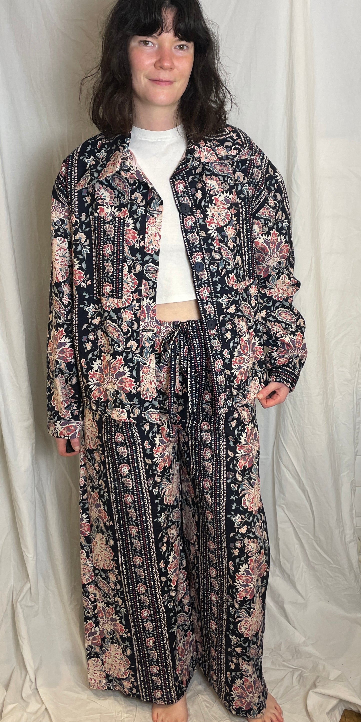 Handmade Navy and Pink Floral Shirt Jacket and Drawstring Trousers Co-ord Set - Size 14
