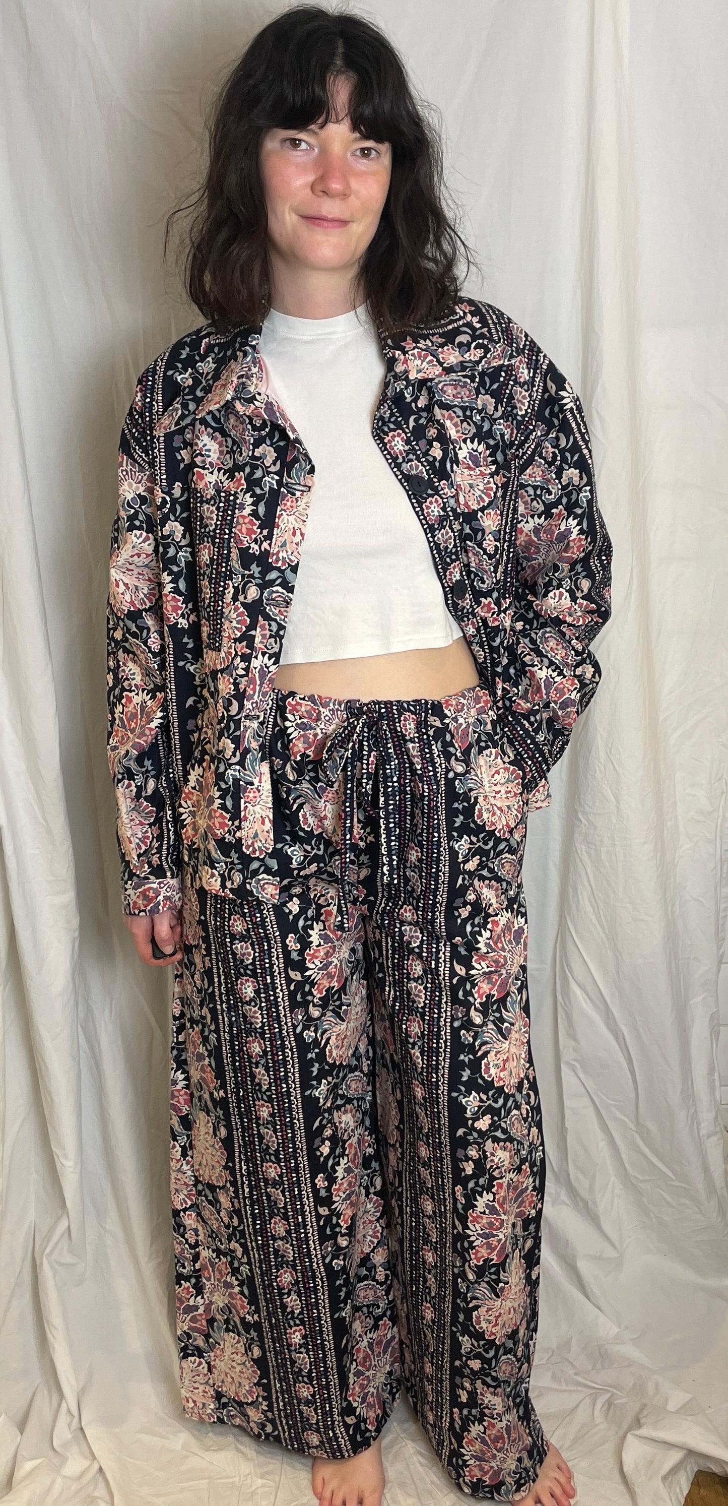 Handmade Navy and Pink Floral Shirt Jacket and Drawstring Trousers Co-ord Set - Size 14