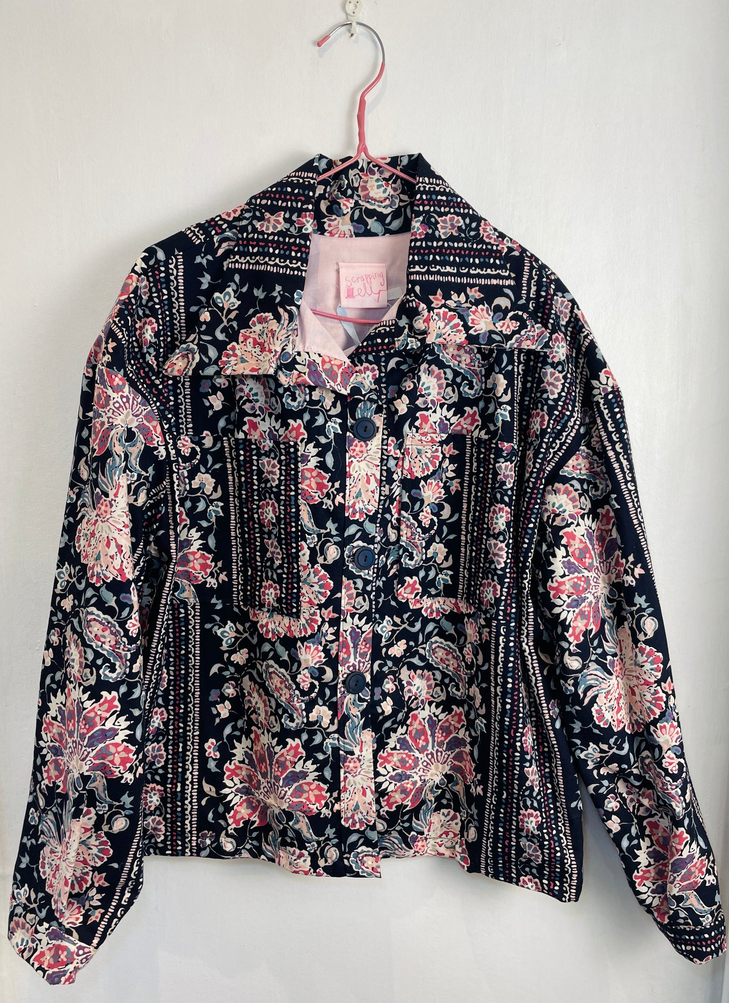 Handmade Navy and Pink Floral Shirt Jacket and Drawstring Trousers Co-ord Set - Size 14