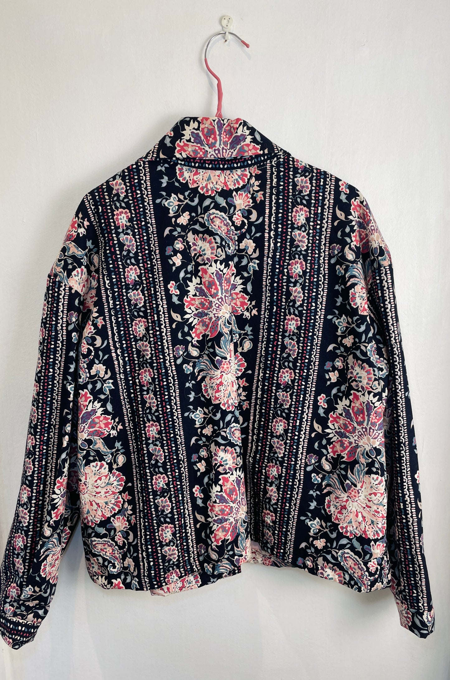 Handmade Navy and Pink Floral Shirt Jacket and Drawstring Trousers Co-ord Set - Size 14