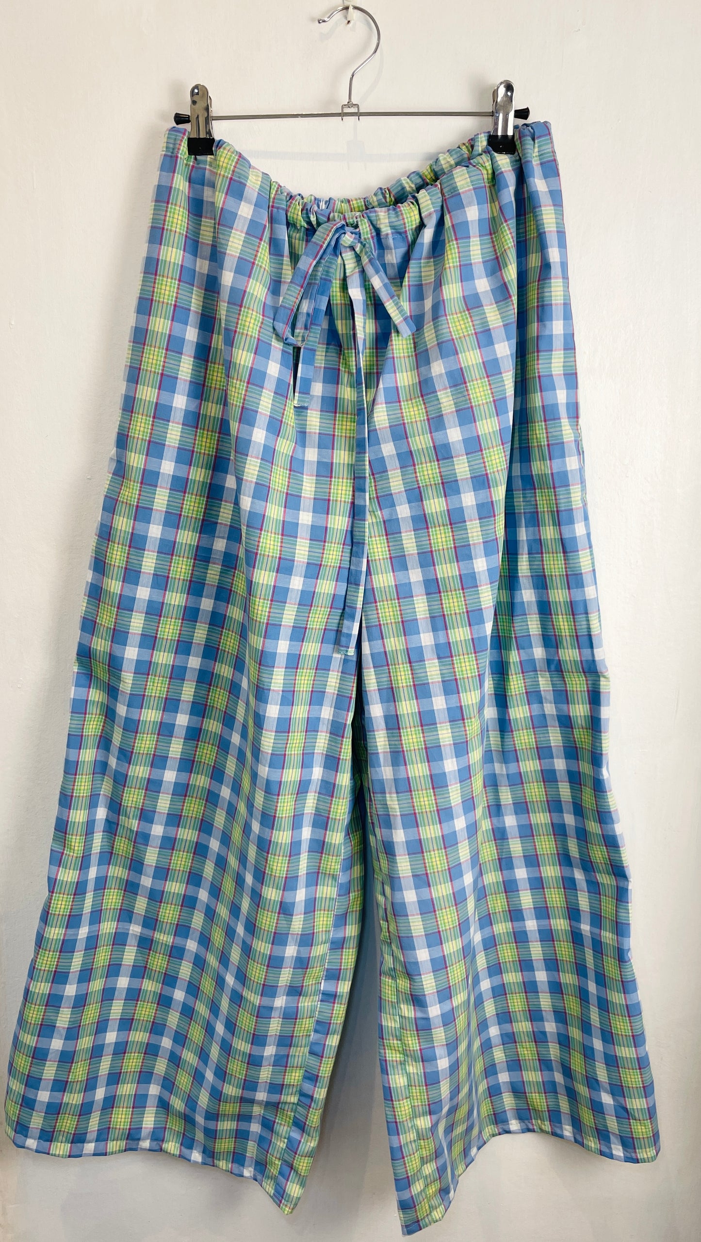 Handmade Blue Checked Short Sleeve Shirt and Drawstring Straight Leg Trousers Co-ord Set - Size 12