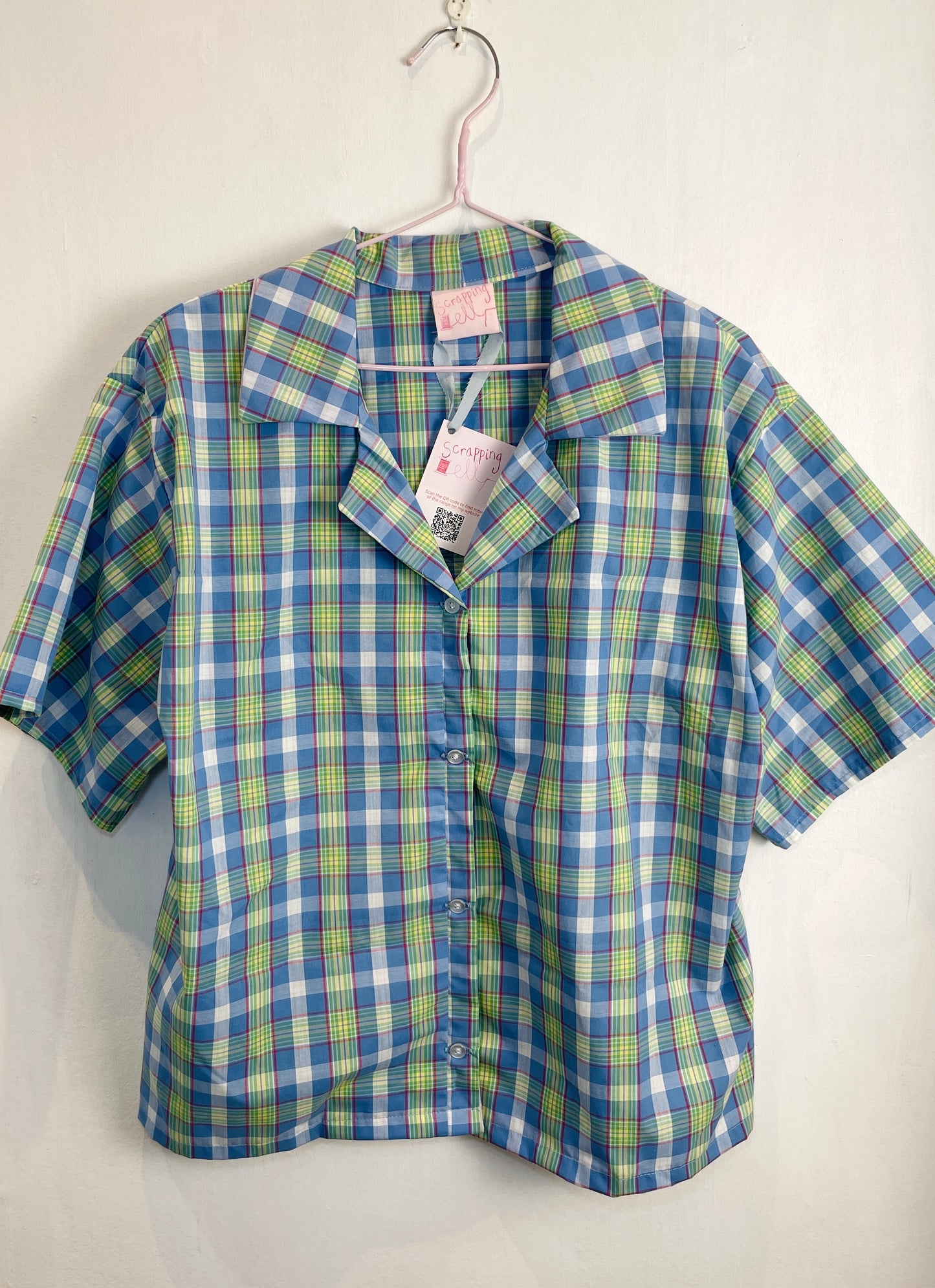 Handmade Blue Checked Short Sleeve Shirt and Drawstring Straight Leg Trousers Co-ord Set - Size 12