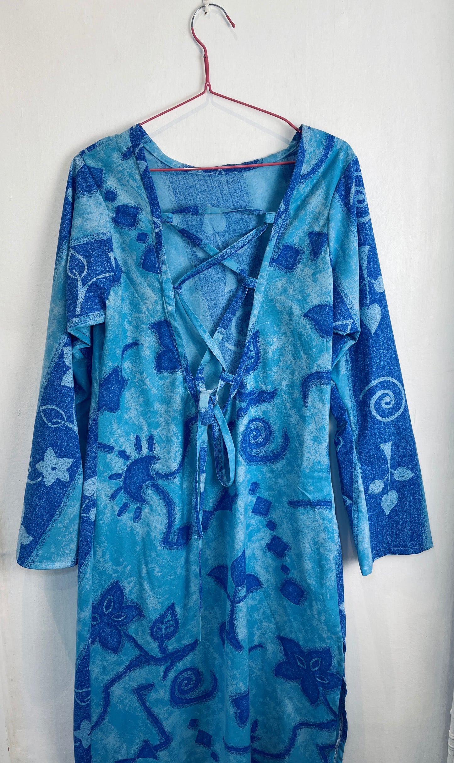 Handmade Blue Floral Bias Cut Tie Back Maxi Dress - Size 12