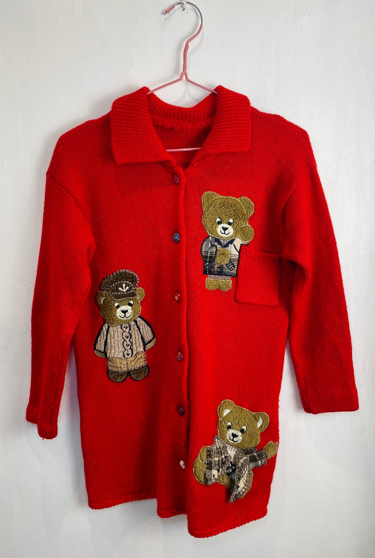 Vintage 90s Red Knitted Teddy Bear Applique Cardigan with Collar - Size 10