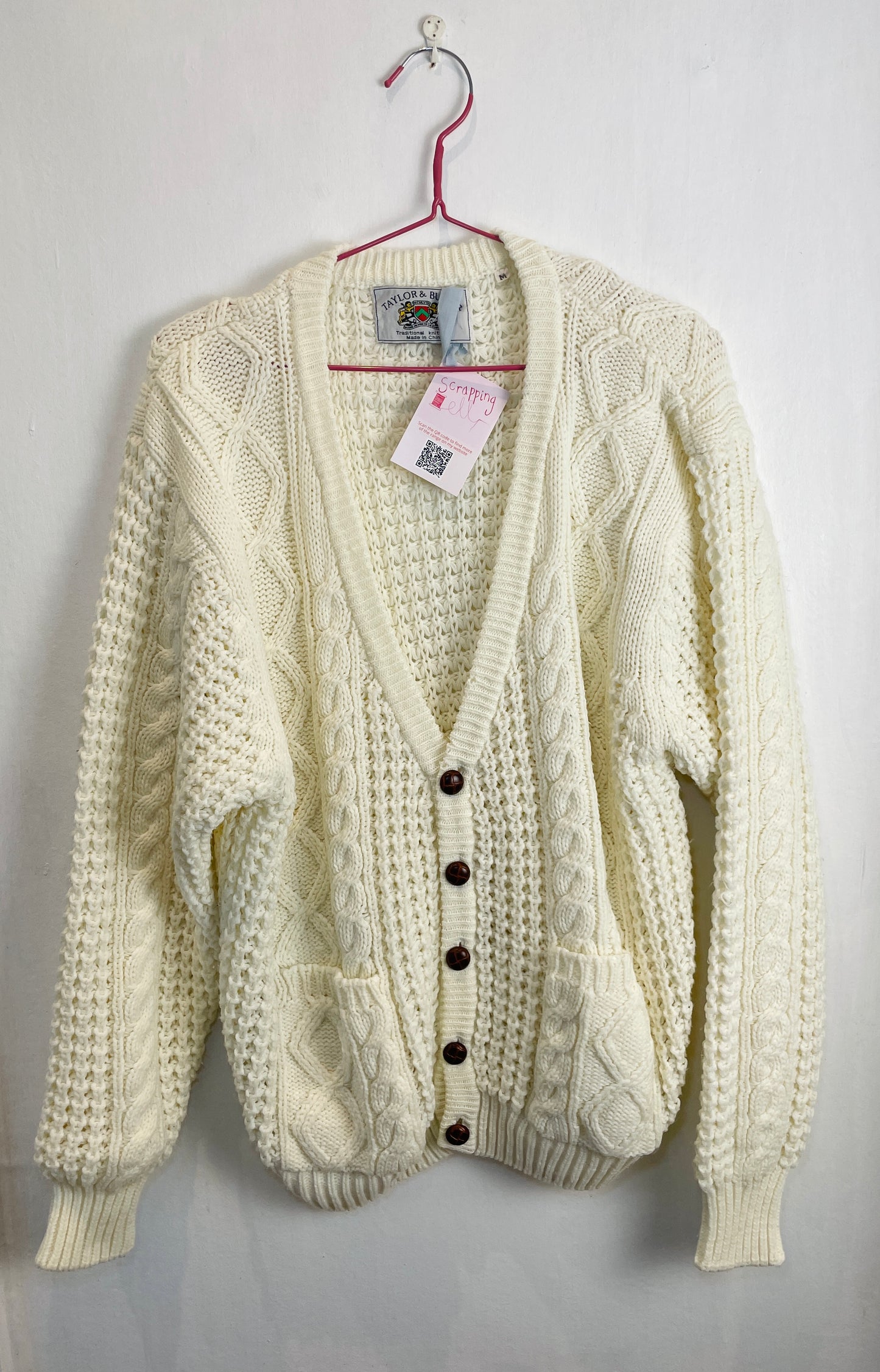 Vintage 90s White Cable Knit V Neck Cardigan - Up To Size 14