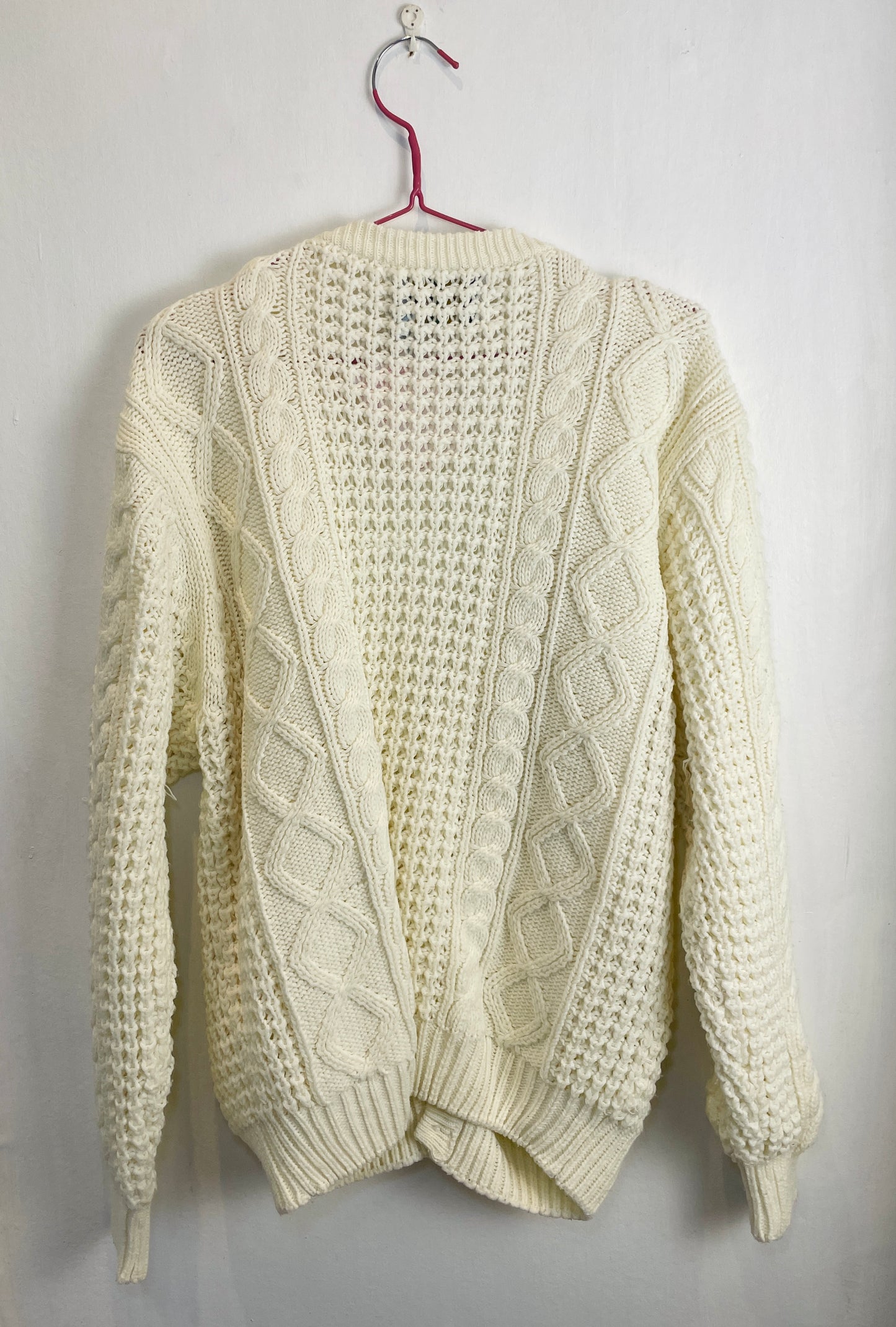 Vintage 90s White Cable Knit V Neck Cardigan - Up To Size 14