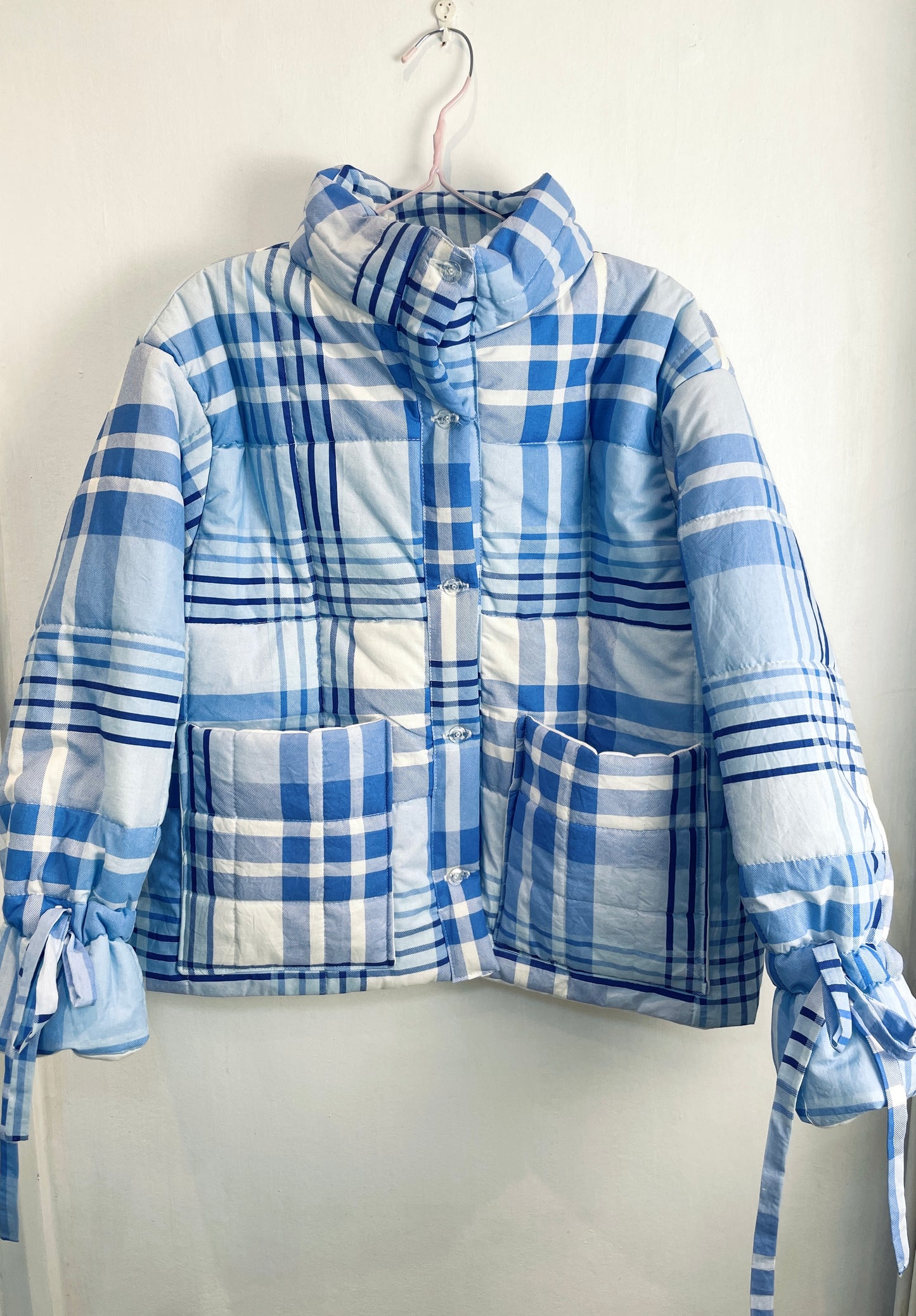 Handmade Blue Check High Neck Quilted Puffer Jacket with Drawstring Cuffs - Size S