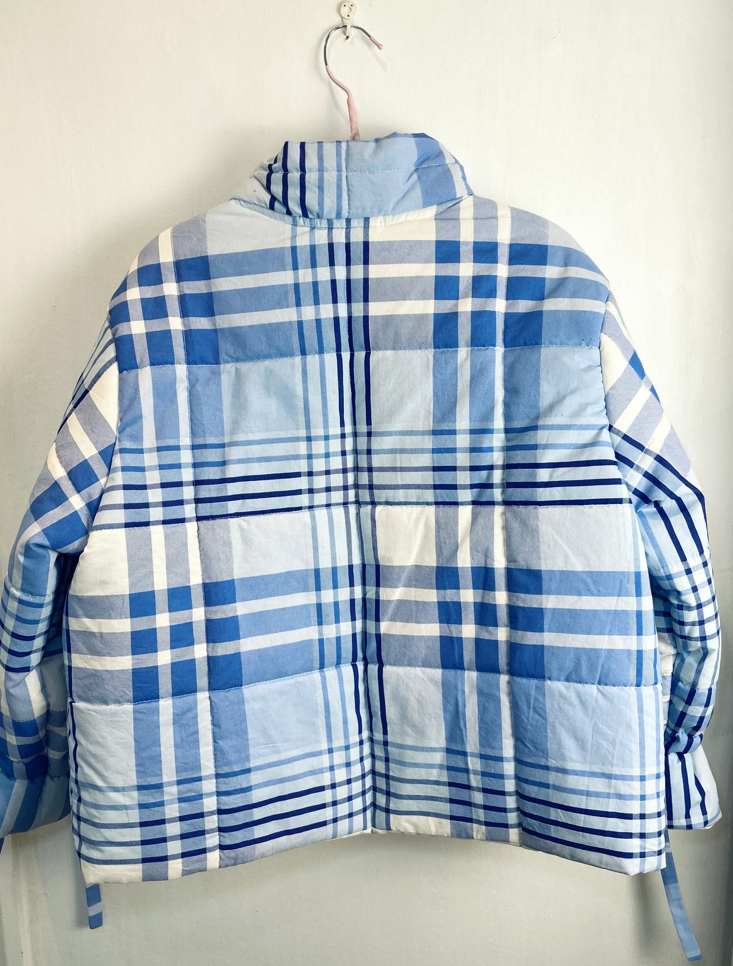 Handmade Blue Check High Neck Quilted Puffer Jacket with Drawstring Cuffs - Size S