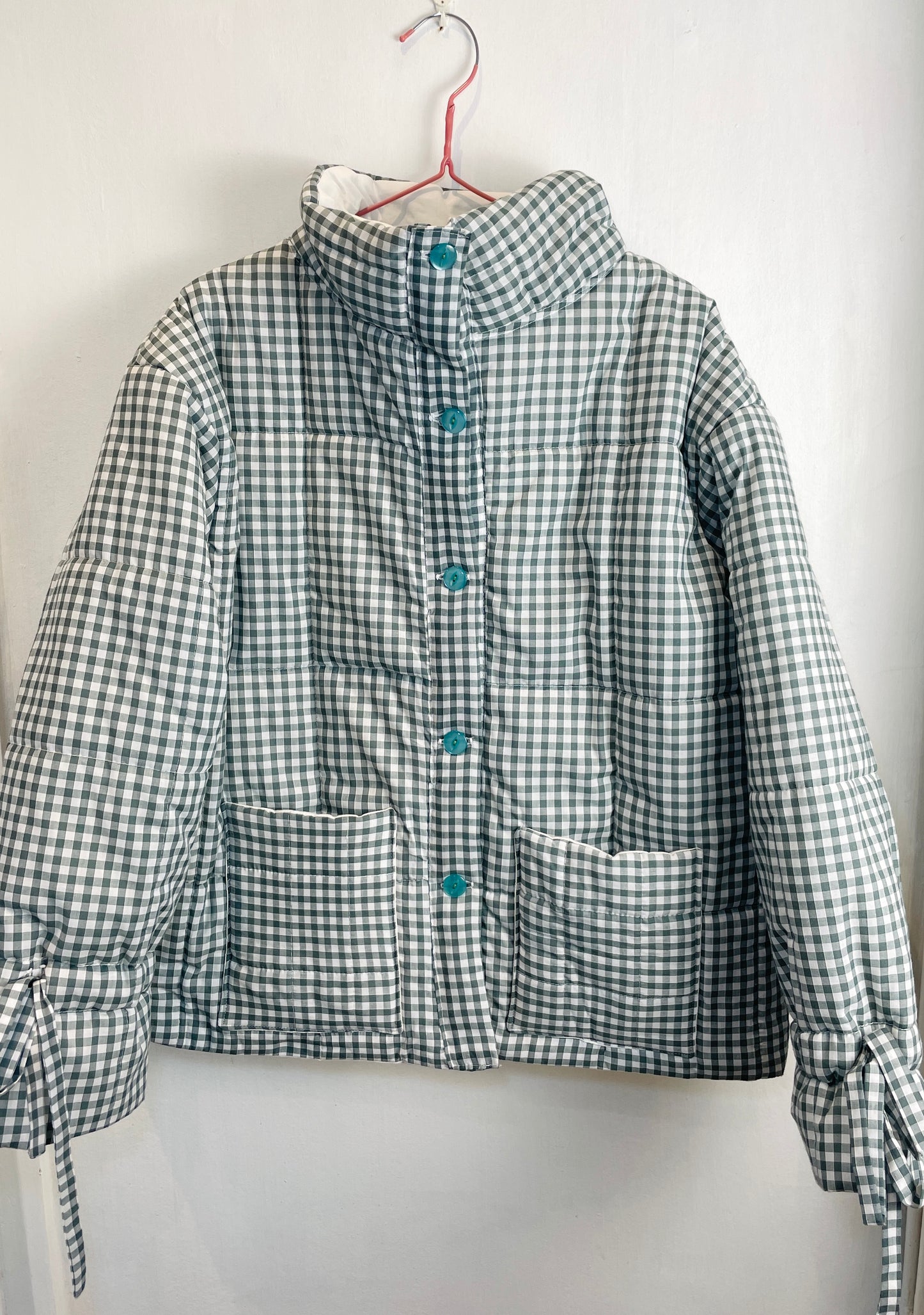 Handmade Green Gingham High Neck Quilted Puffer Jacket with Drawstring Cuffs - Size L
