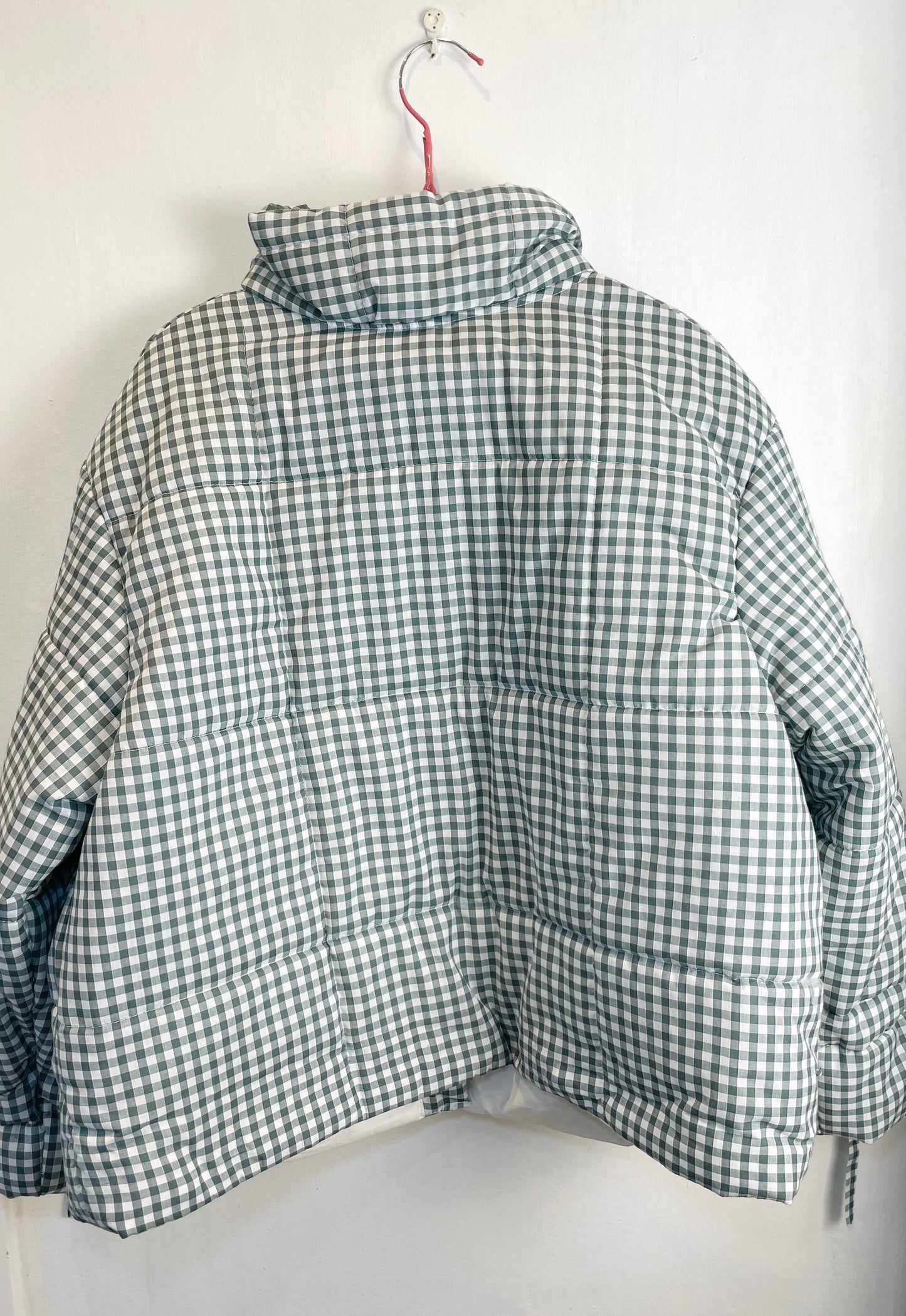 Handmade Green Gingham High Neck Quilted Puffer Jacket with Drawstring Cuffs - Size L