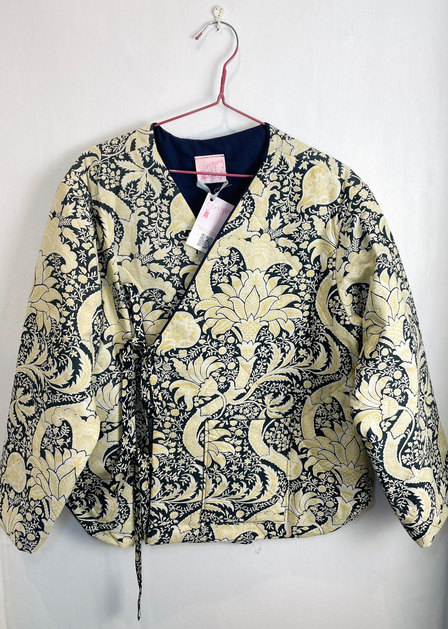 Zoe Handmade Navy Blue and Yellow Floral Wrap Front Quilted Jacket - Up To Size 14