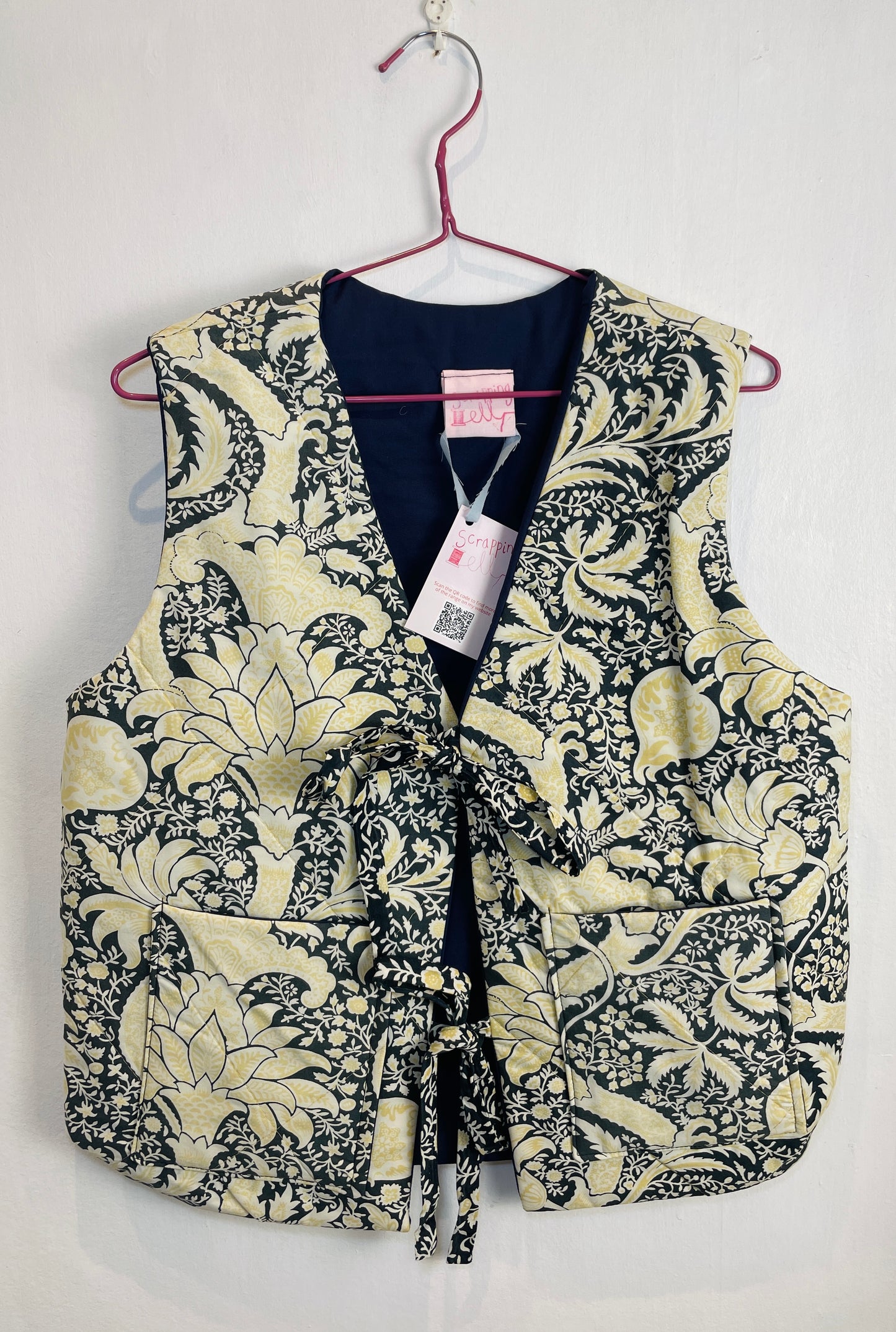 Zoe Handmade Navy Blue and Yellow Floral Tie Front Quilted Vest Gilet - Up To Size 12