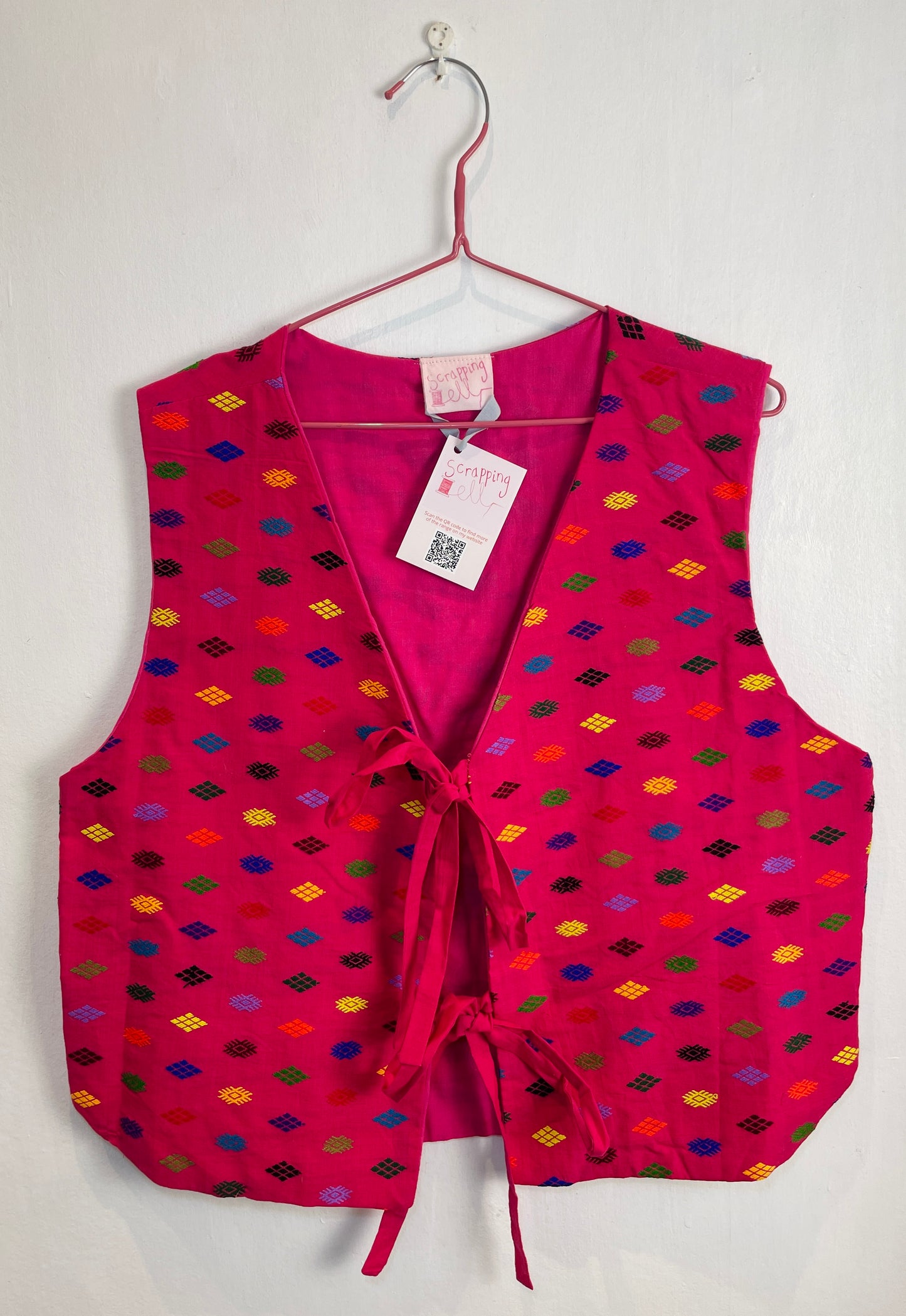 Handmade Pink Geometric Embroidered Tie Front Vest Top - Size 14
