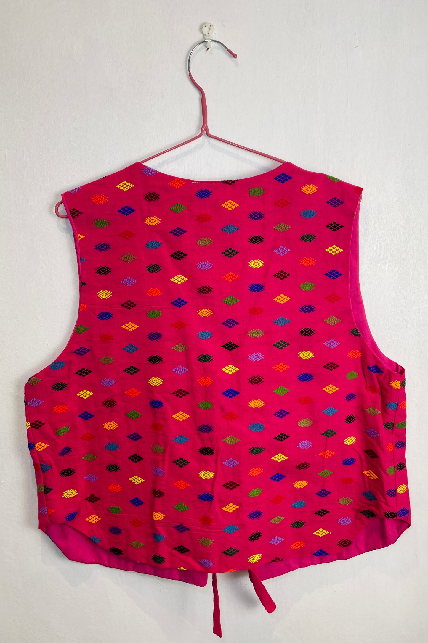 Handmade Pink Geometric Embroidered Tie Front Vest Top - Size 14