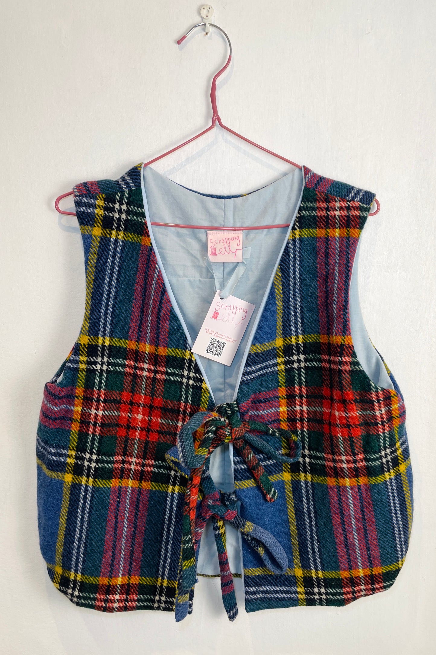 Handmade Blue Tartan Wool Tie Front Vest Top - Size 12