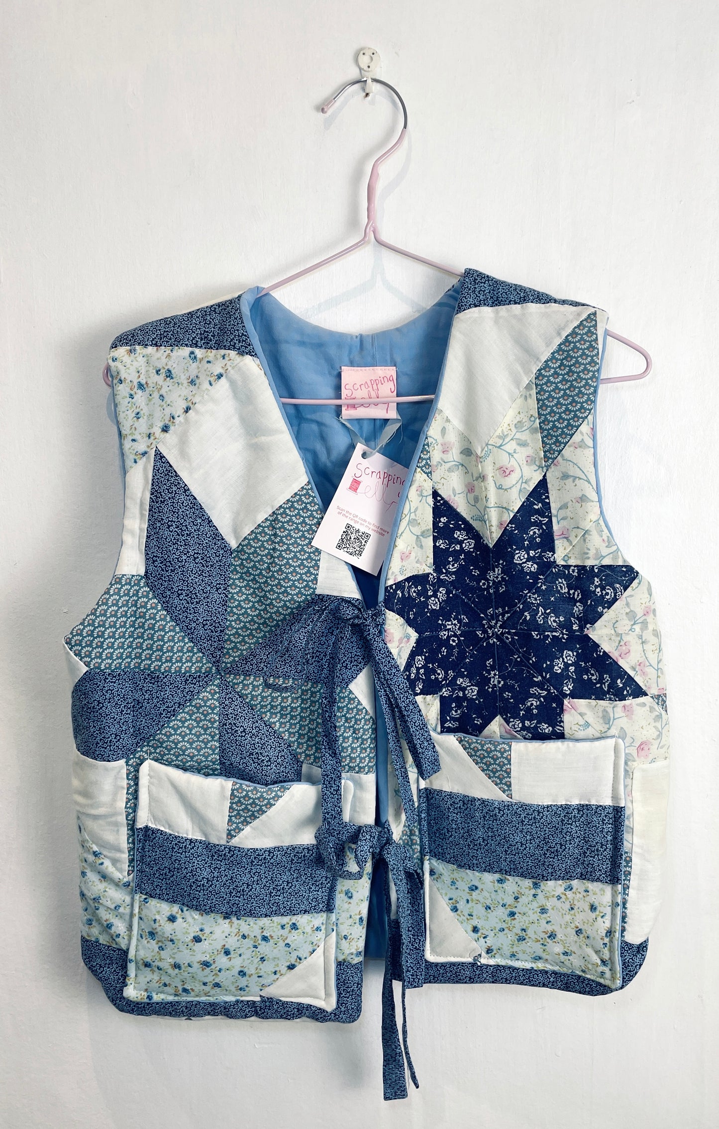 Handmade Blue Floral Tie Front Quilted Vest Gilet - Size 10