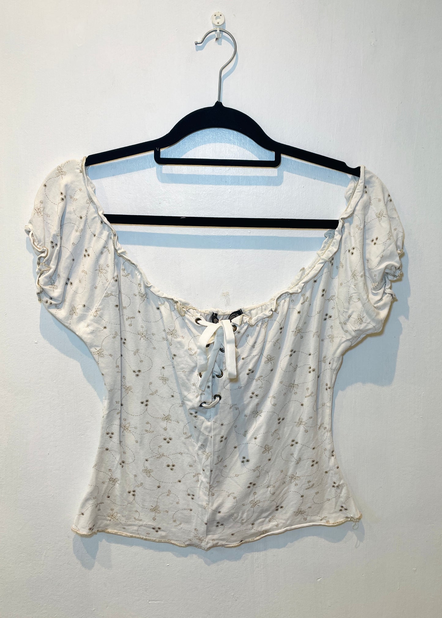 Vintage Y2k White Floral Print Lace Up Front Peasant Top - Size 10