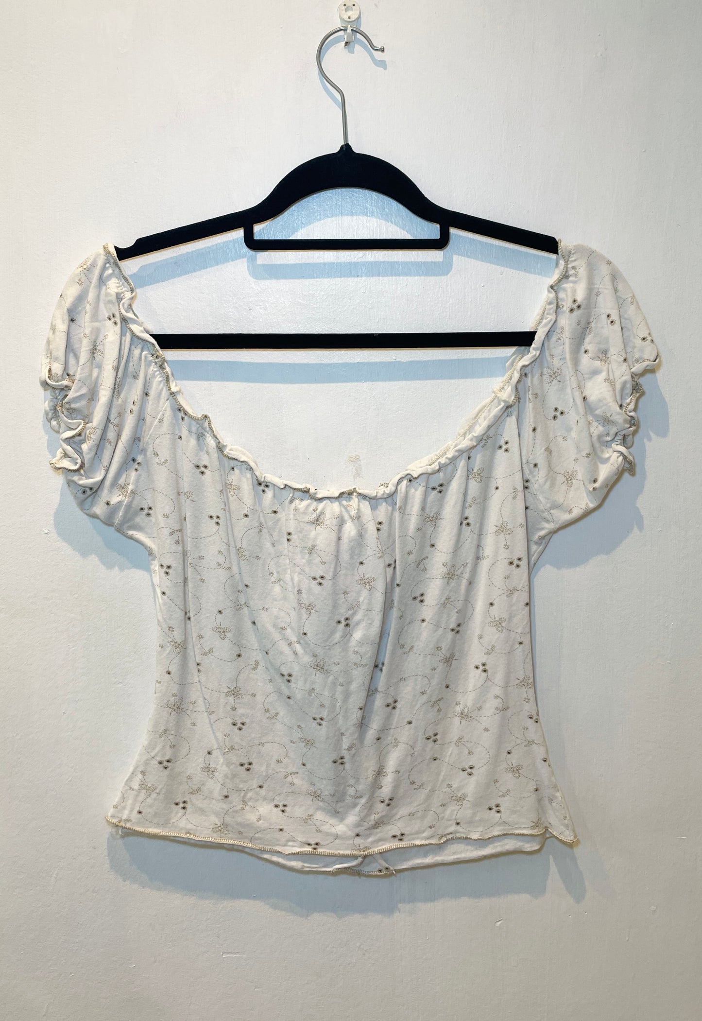 Vintage Y2k White Floral Print Lace Up Front Peasant Top - Size 10