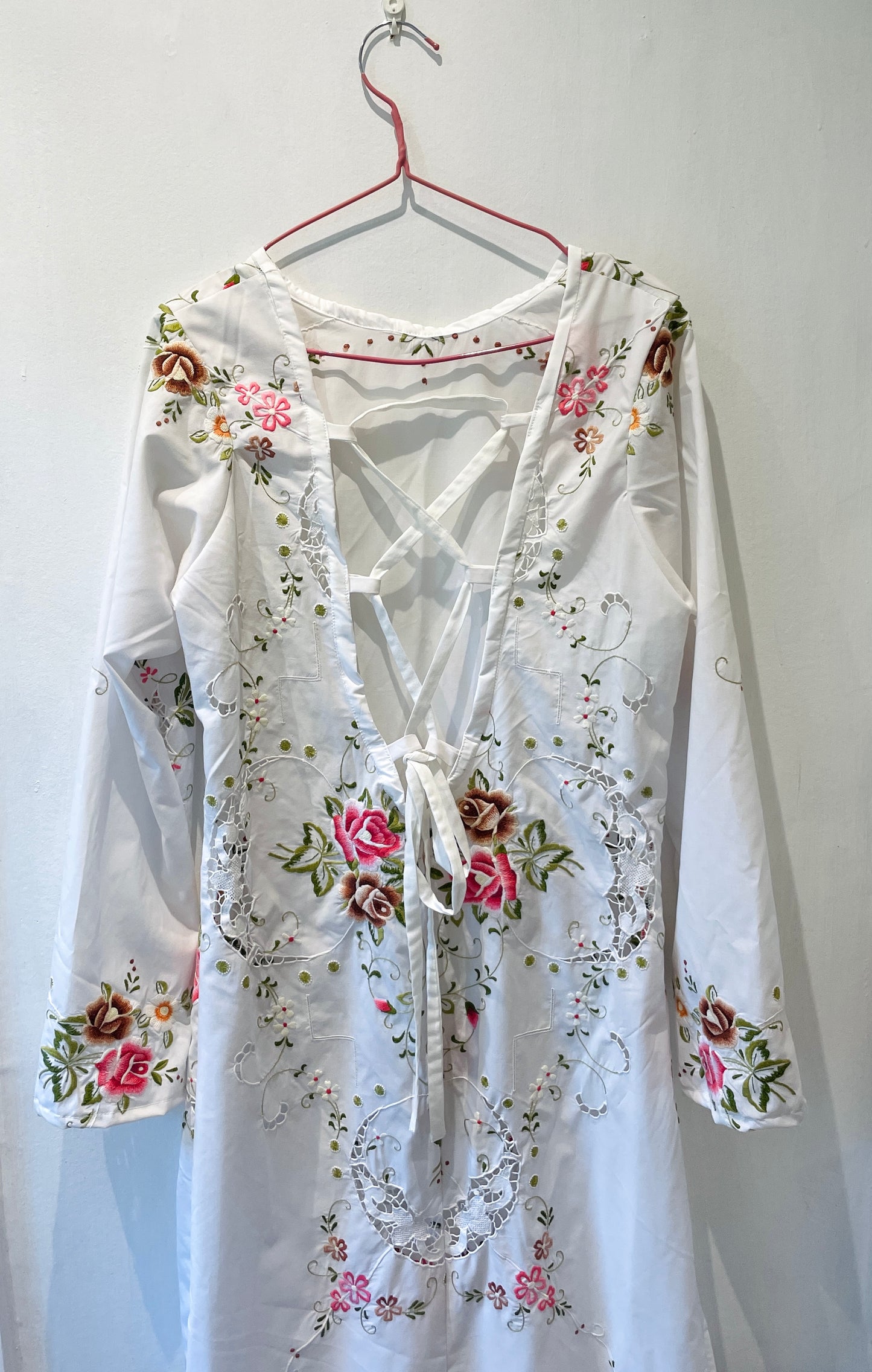 Handmade White Cotton Bias Cut Tie Back Maxi Dress with Floral Embroidery - Size 12