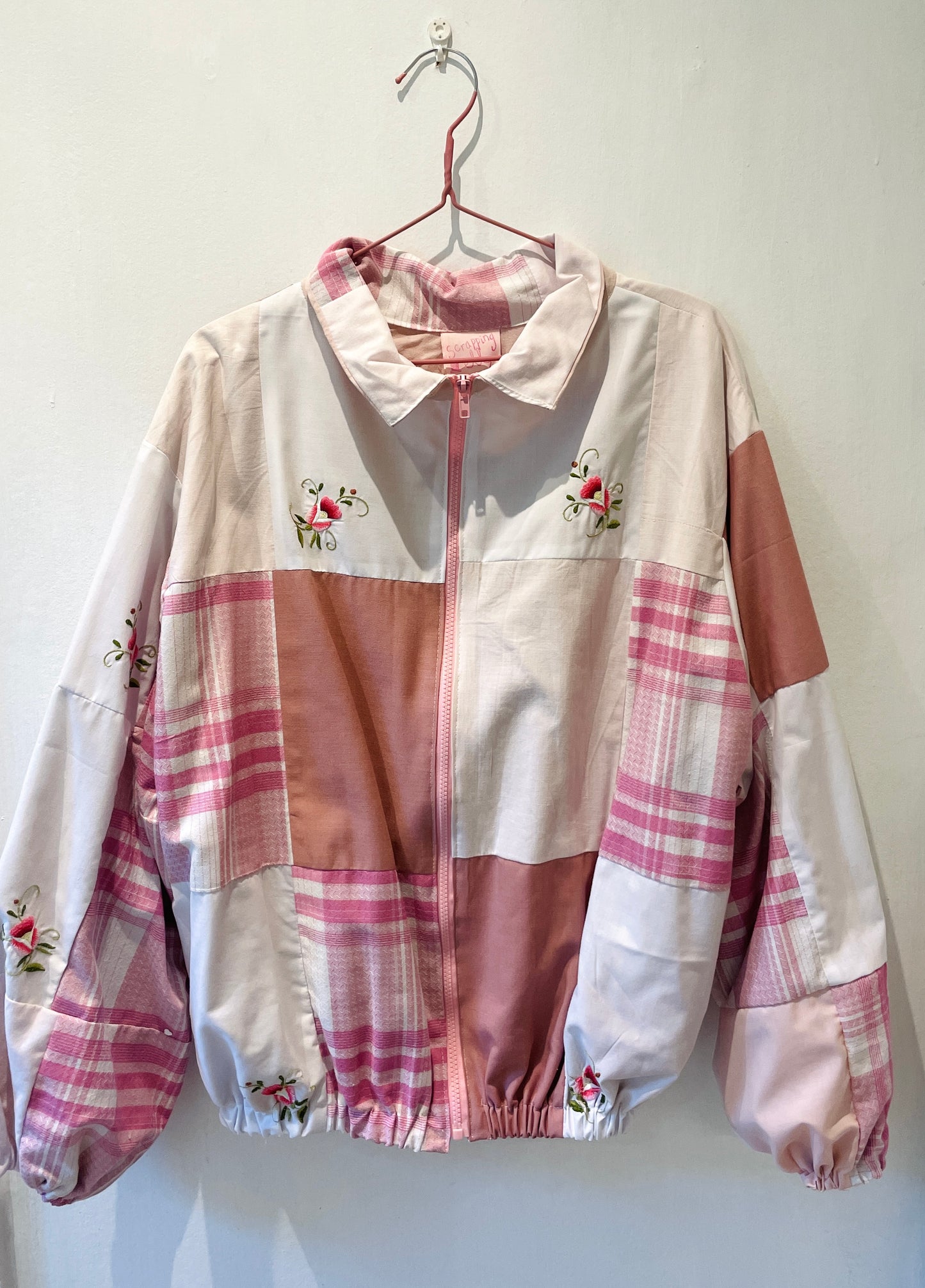 Handmade Pink Cotton Patchwork High Neck Bomber Jacket with Floral Embroidery - Size 12