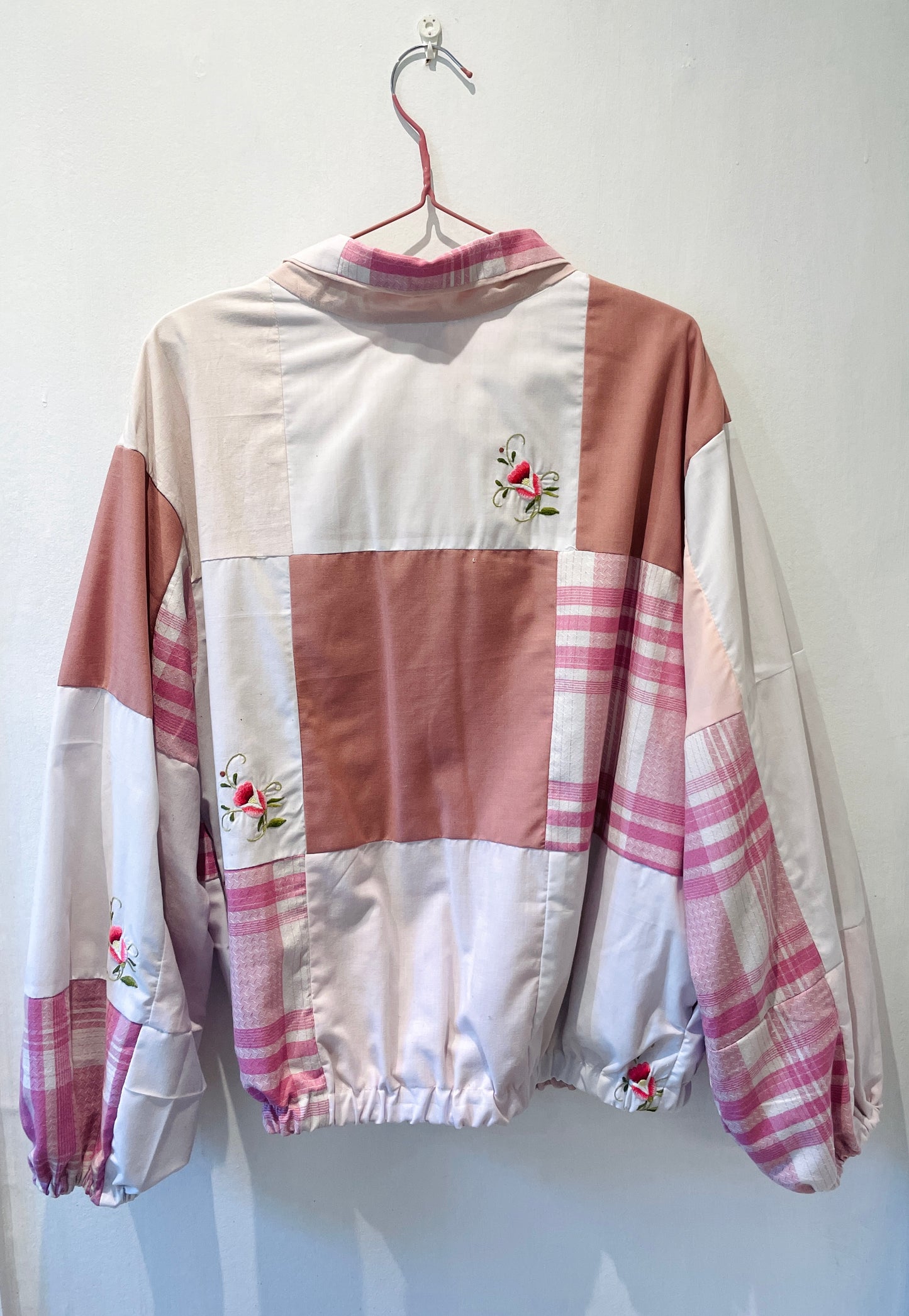 Handmade Pink Cotton Patchwork High Neck Bomber Jacket with Floral Embroidery - Size 12