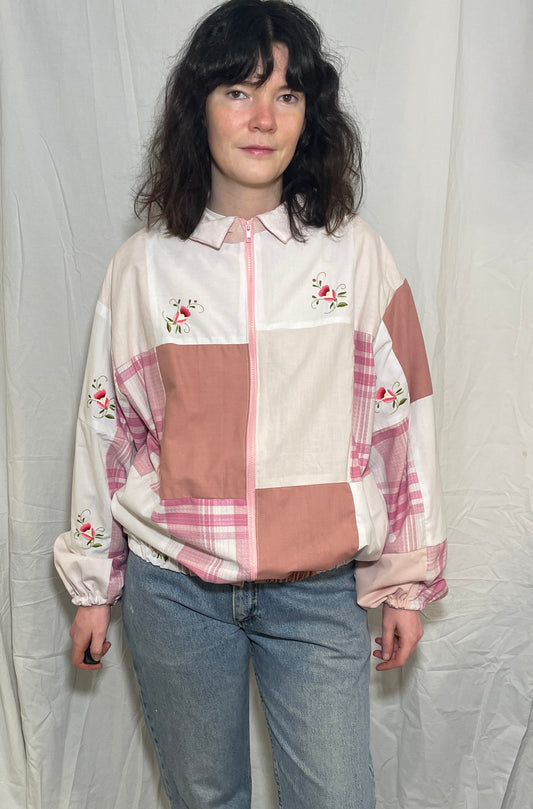 Handmade Pink Cotton Patchwork High Neck Bomber Jacket with Floral Embroidery - Size 12