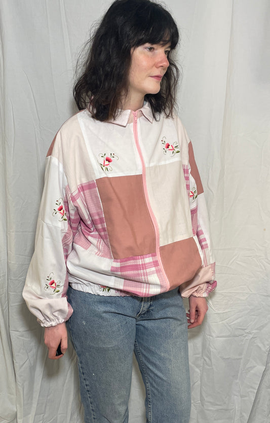 Handmade Pink Cotton Patchwork High Neck Bomber Jacket with Floral Embroidery - Size 12