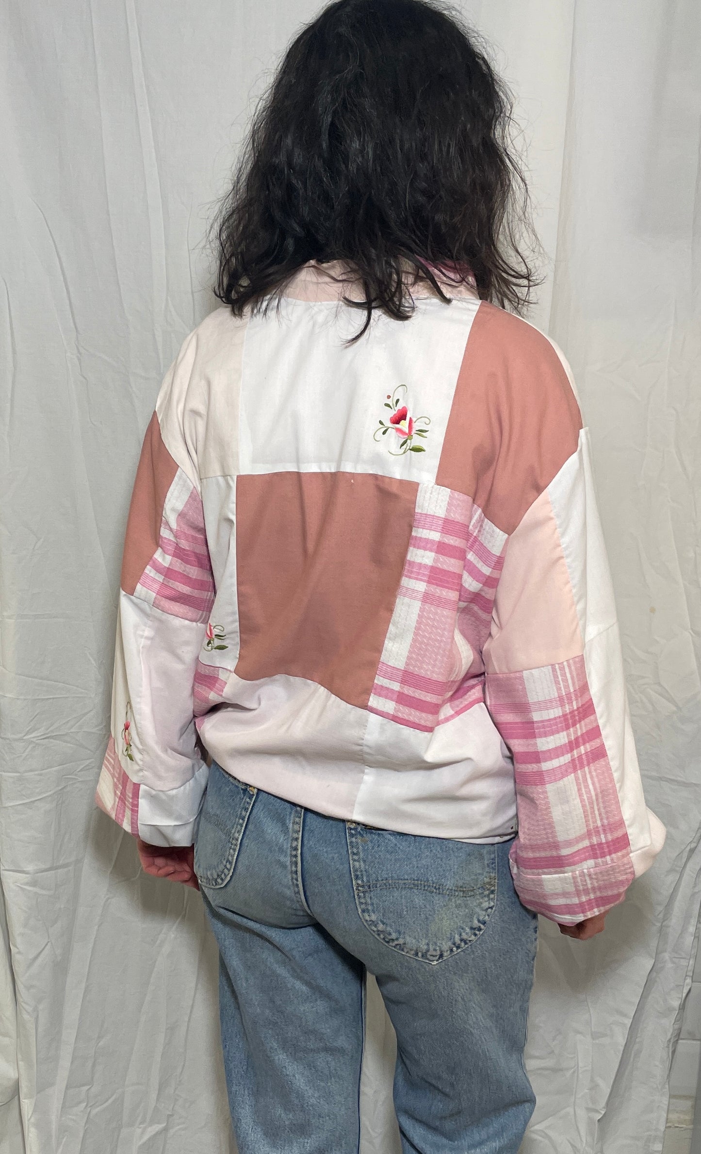 Handmade Pink Cotton Patchwork High Neck Bomber Jacket with Floral Embroidery - Size 12