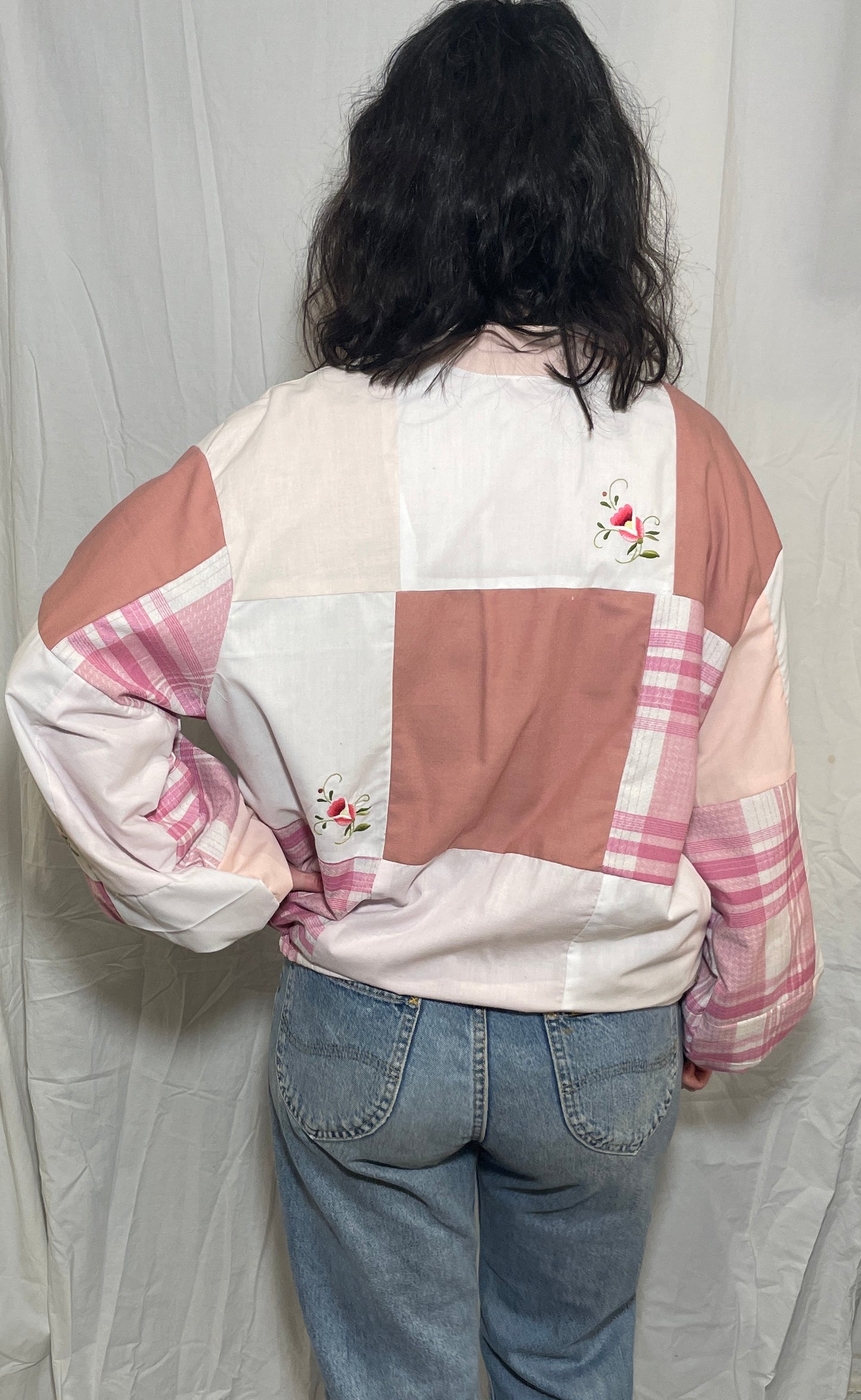 Handmade Pink Cotton Patchwork High Neck Bomber Jacket with Floral Embroidery - Size 12
