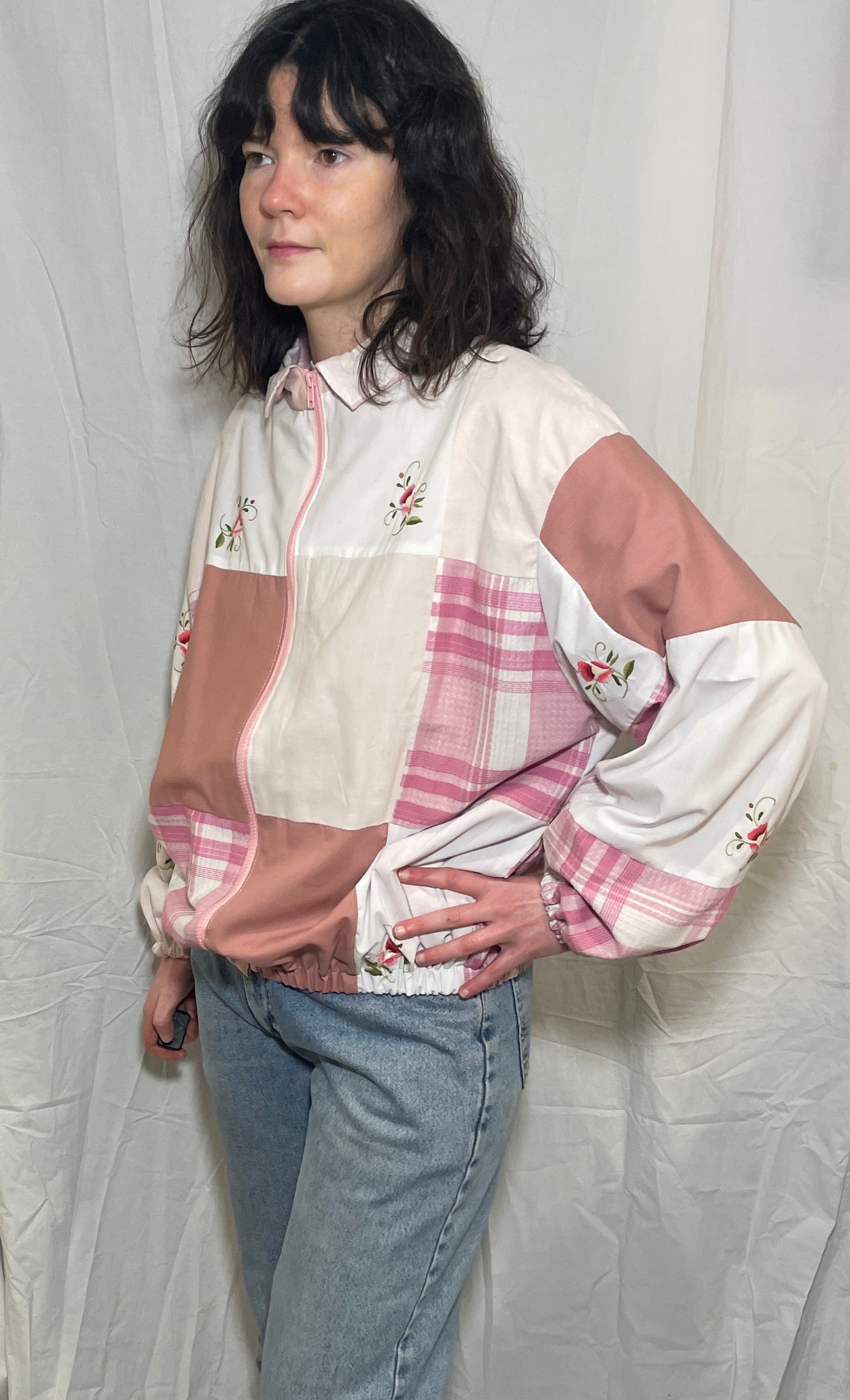 Handmade Pink Cotton Patchwork High Neck Bomber Jacket with Floral Embroidery - Size 12