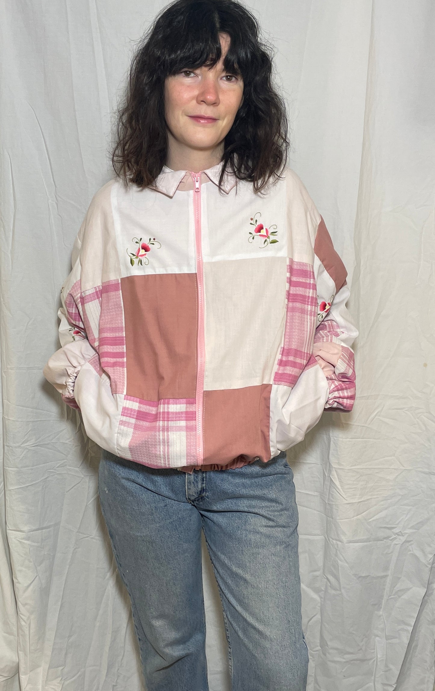 Handmade Pink Cotton Patchwork High Neck Bomber Jacket with Floral Embroidery - Size 12