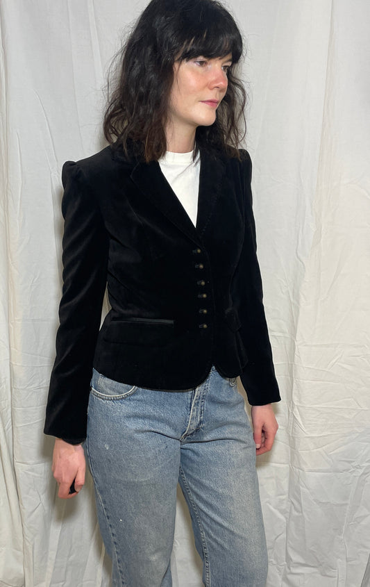 Vintage 90s Black Velvet Puff Sleeve Blazer Jacket - Size 8