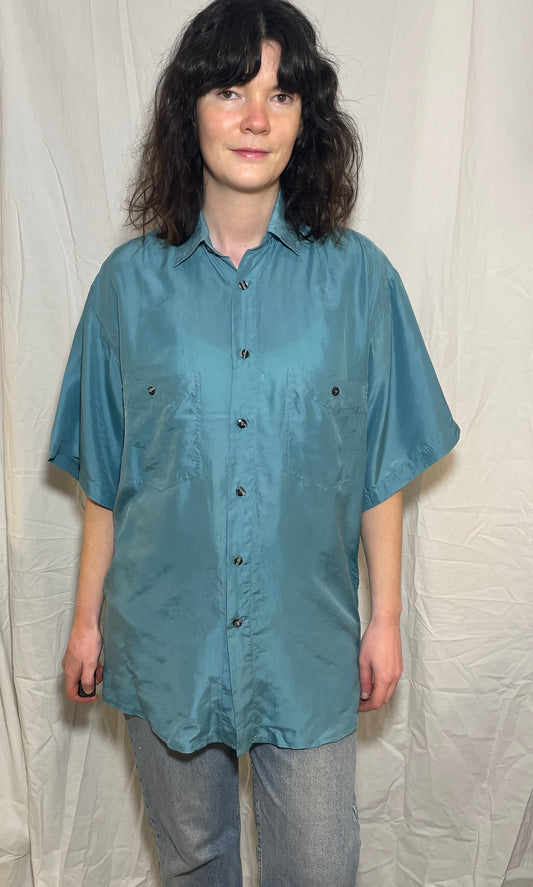 Vintage 90s Teal Green Short Sleeve Silk Shirt - Size 14