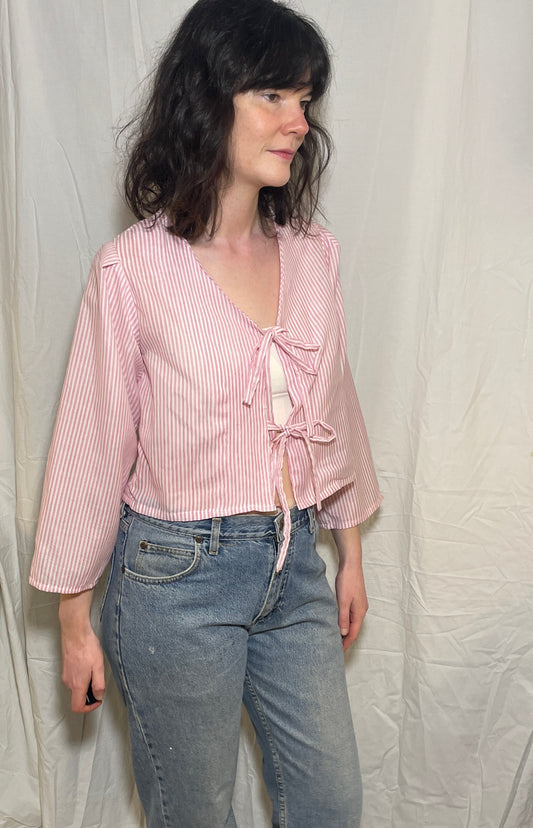 Handmade Pink Cotton Striped Tie Front Top - Size 10