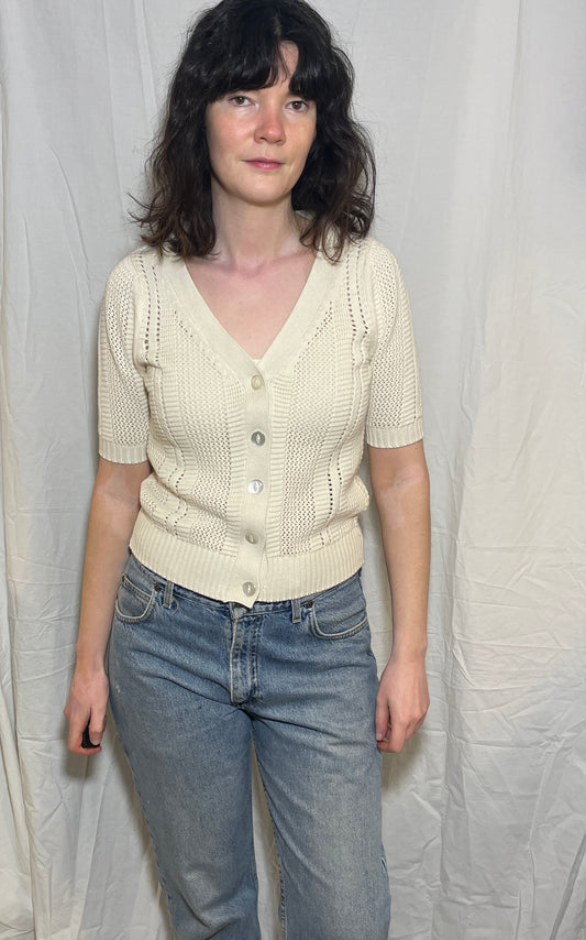 Vintage 90s White Pointelle Knitted Short Sleeve Cardigan - Size 10
