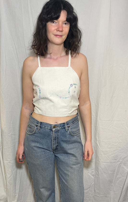 Handmade White Cotton Floral Embroidered Cross Strap Tie Back Crop Top - Size 10