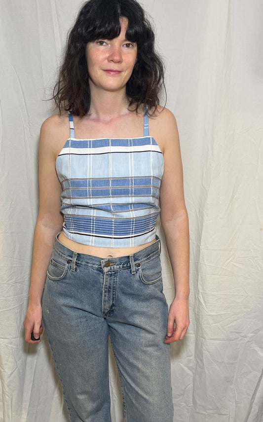 Handmade Blue Checked Cross Strap Tie Back Crop Top - Size 14